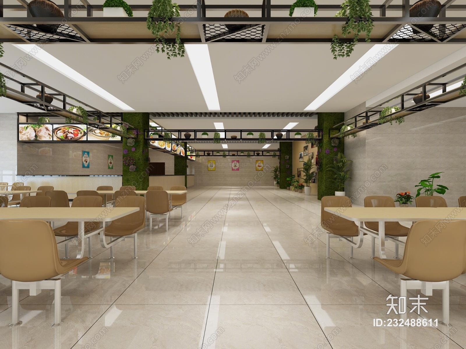 现代食堂餐桌植物3D模型下载【ID:232488611】