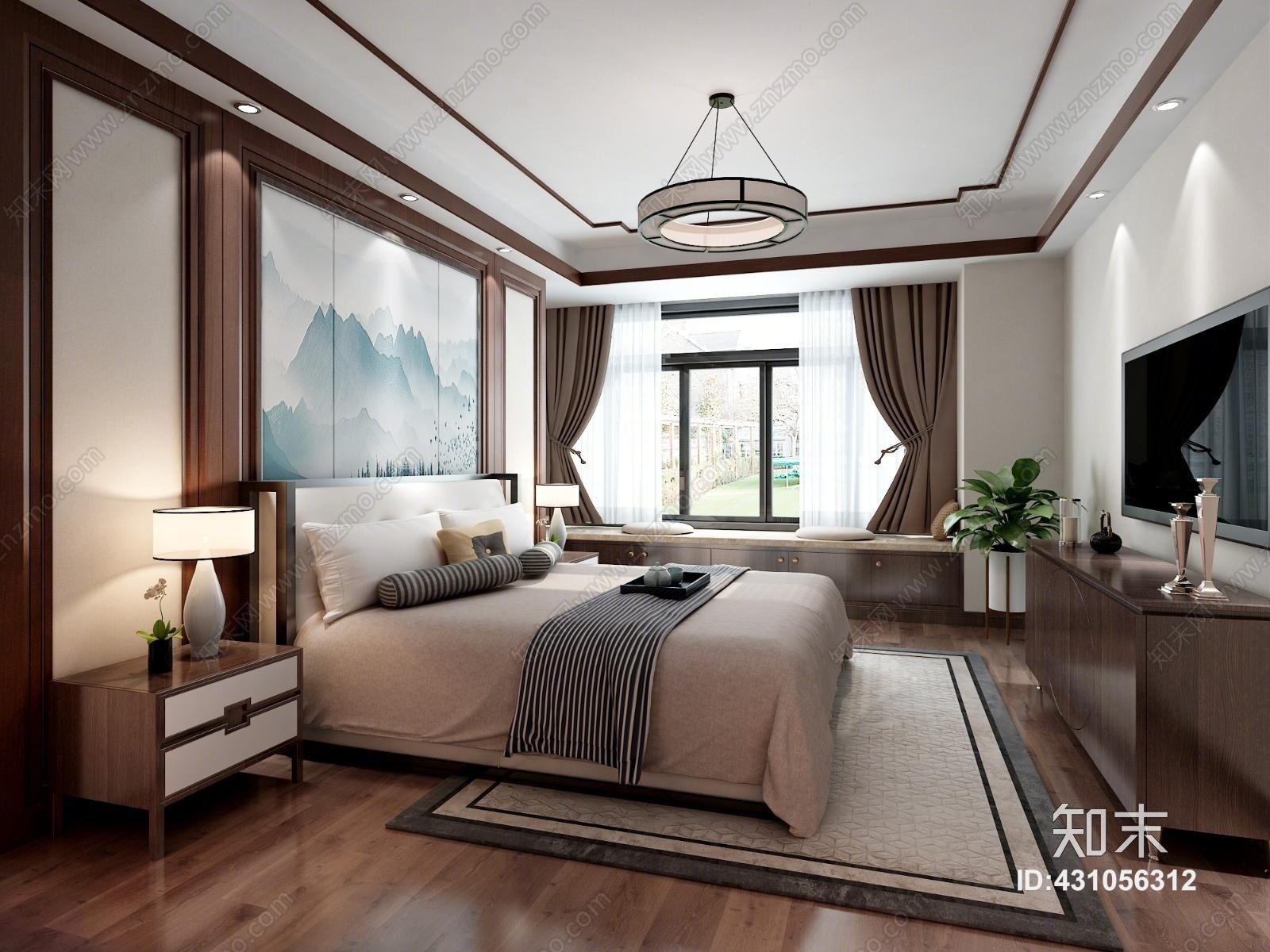 中式卧室吊灯吊顶床具抱枕地毯背景墙硬包3D模型下载【ID:431056312】