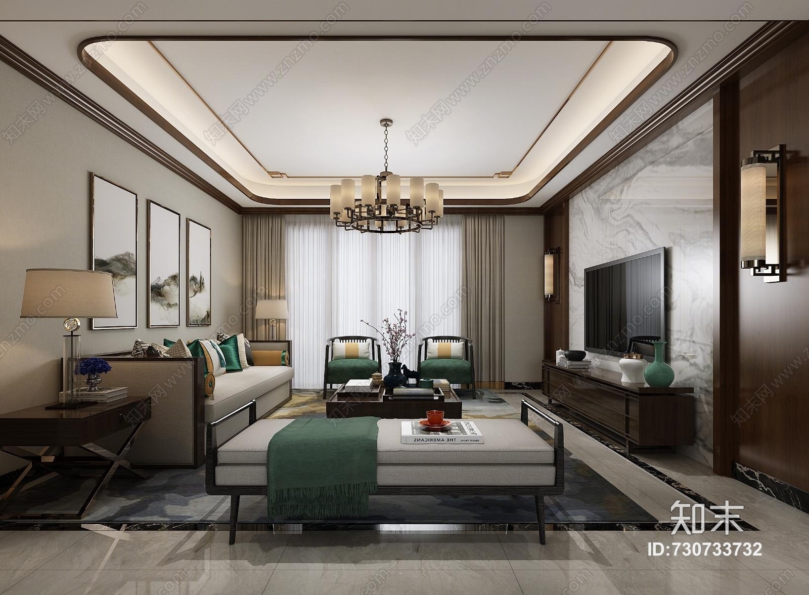 新中式中式客厅餐厅沙发电视柜餐桌餐边柜酒水柜3D模型下载【ID:730733732】