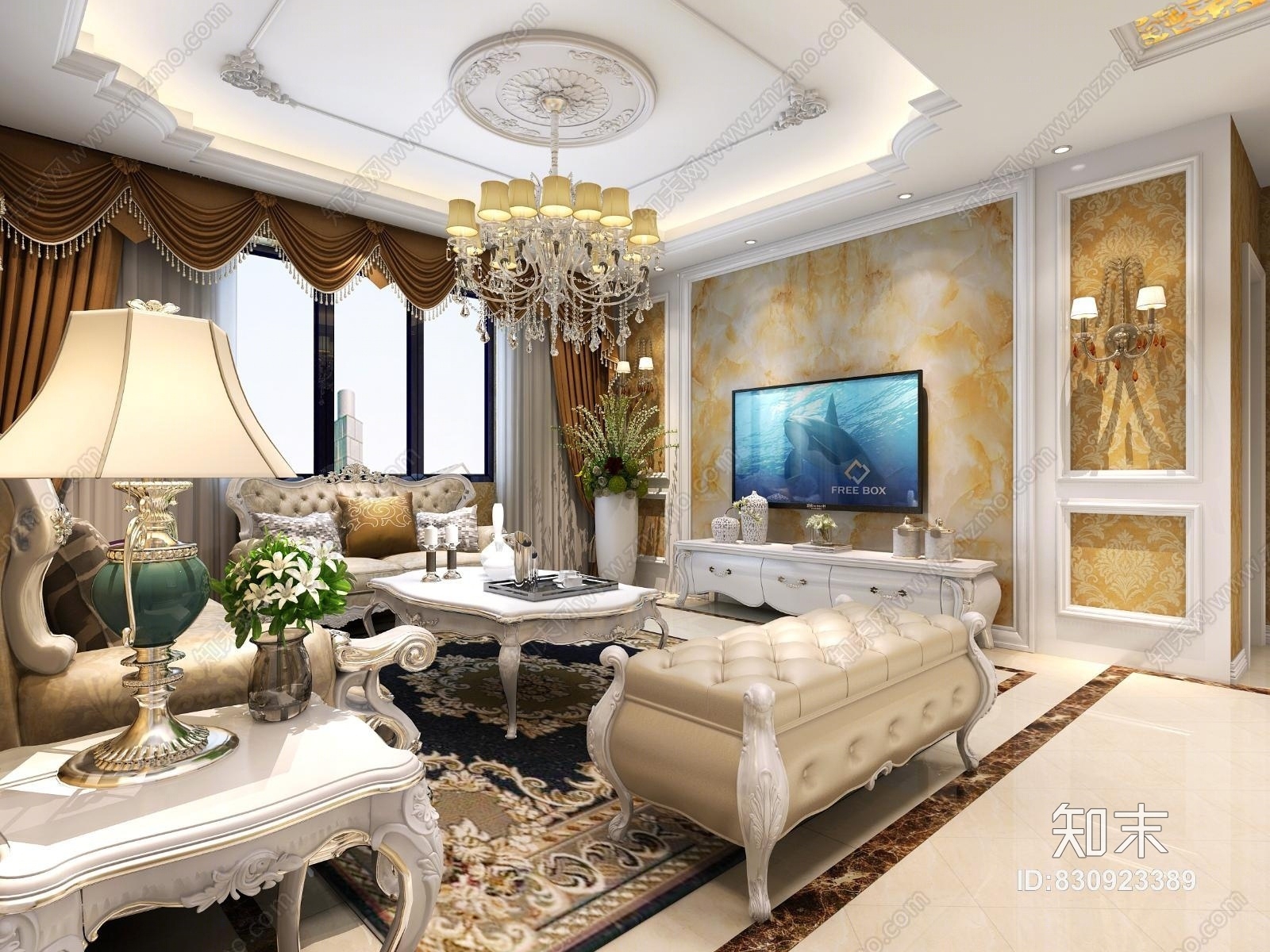 简欧欧式客厅餐厅家居电视墙3D模型下载【ID:830923389】