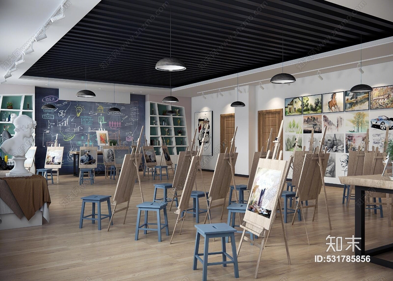 现代美术教室画室临摹室3D模型下载【ID:531785856】