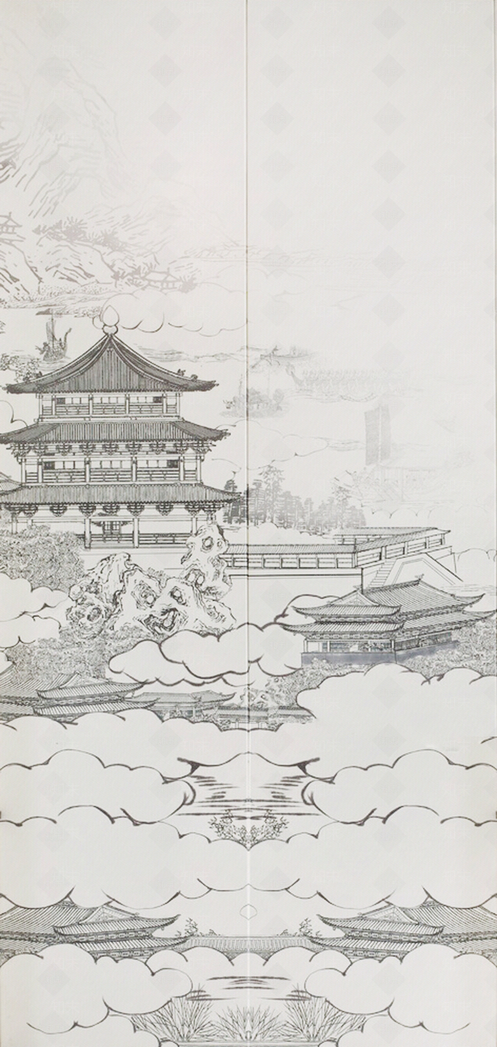 手绘古建筑壁纸硬包黑白米色调贴图下载【ID:234193547】