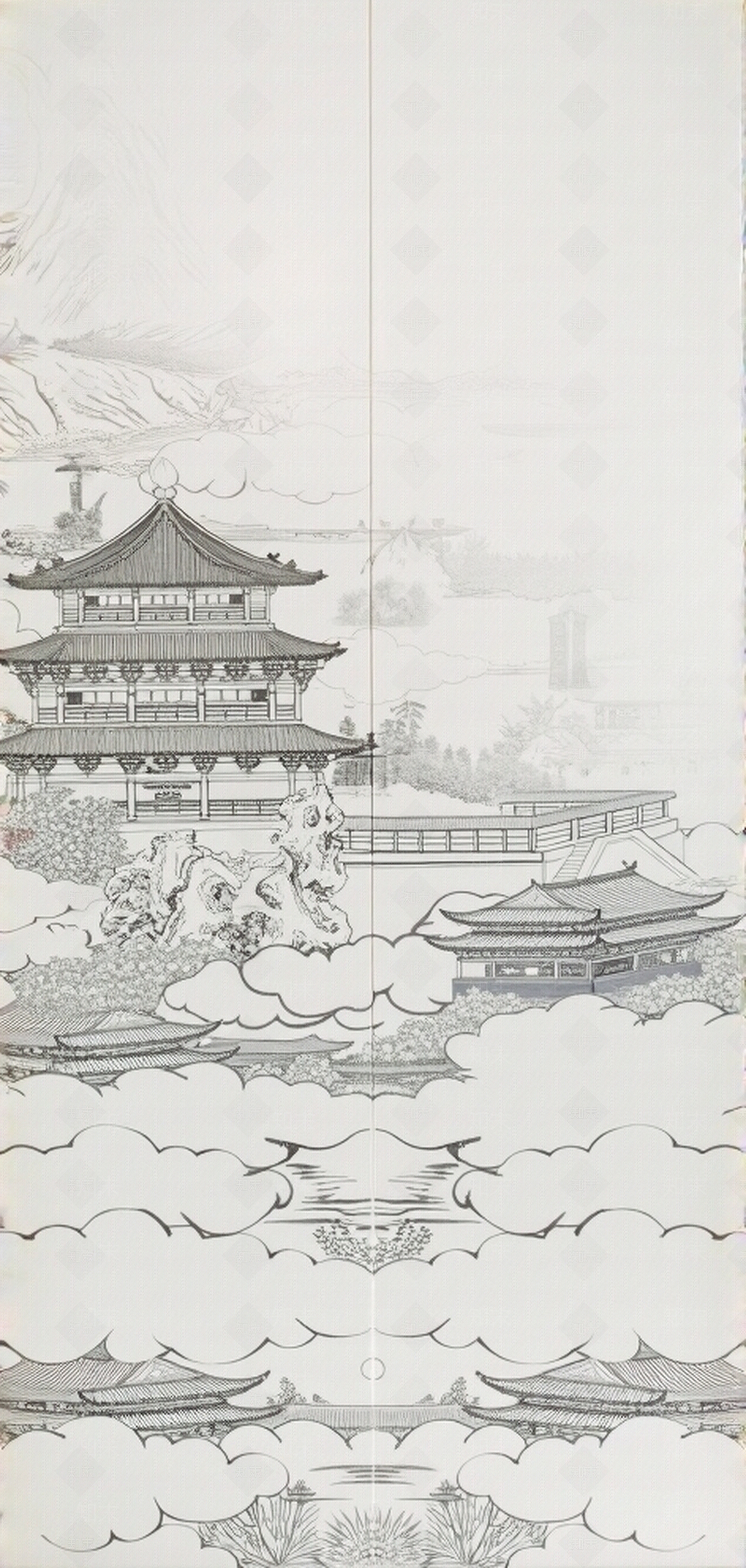 手绘古建筑壁纸硬包黑白米色调贴图下载【ID:1195305900】