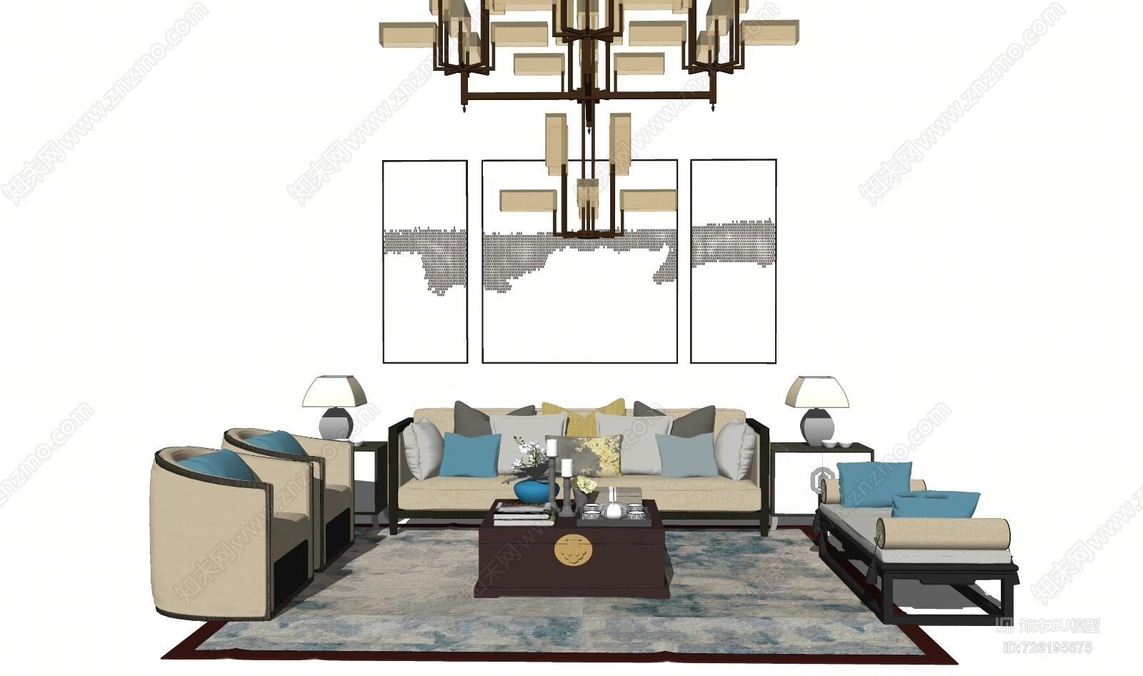 客厅沙发茶几组合SU模型下载【ID:726195675】