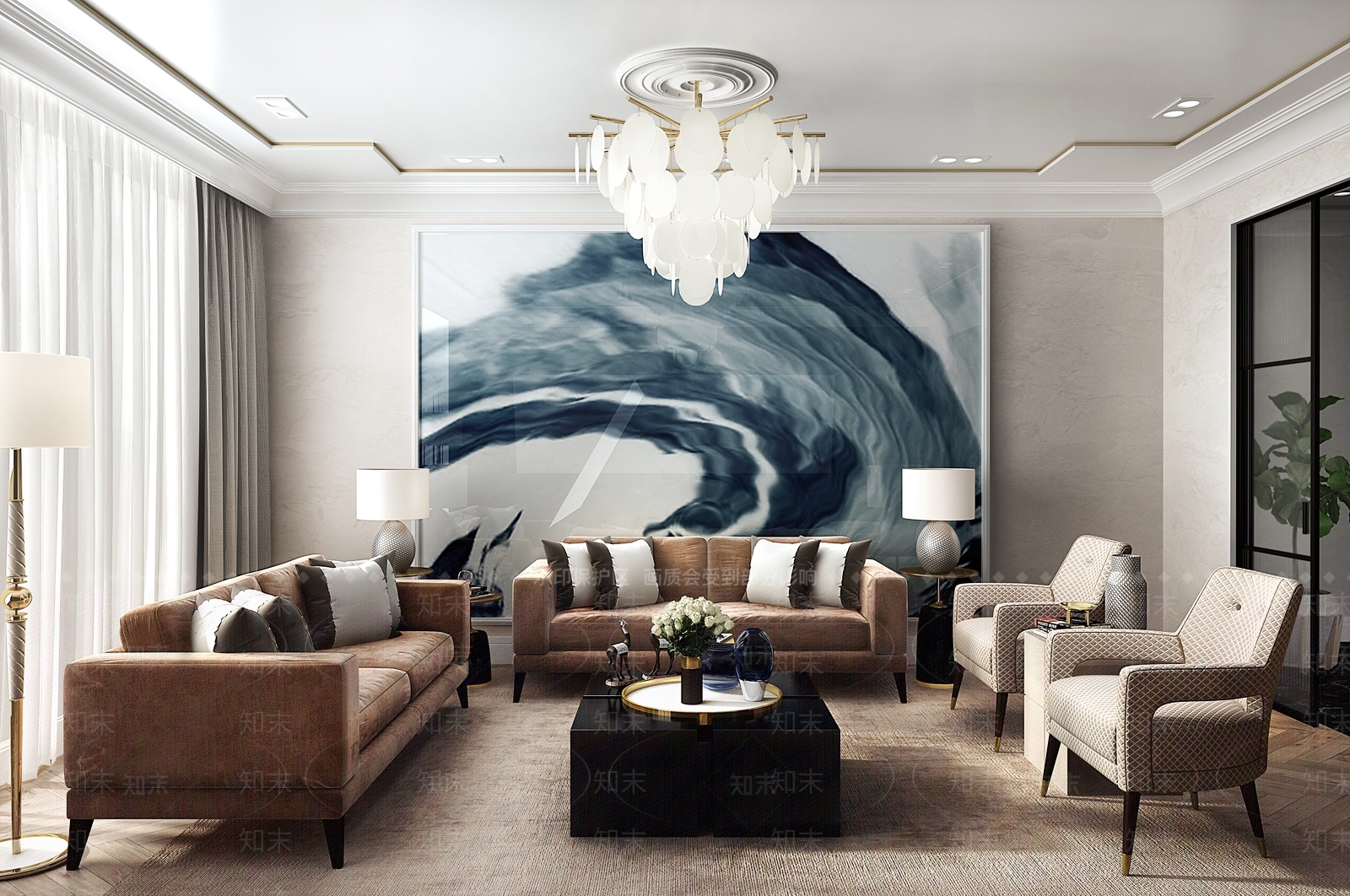 简欧现代皮革沙发客厅3D模型下载【ID:735227746】