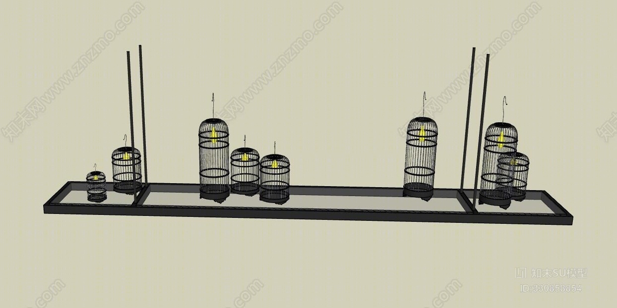 中式风格铁艺鸟笼吊灯SU模型下载【ID:330858854】