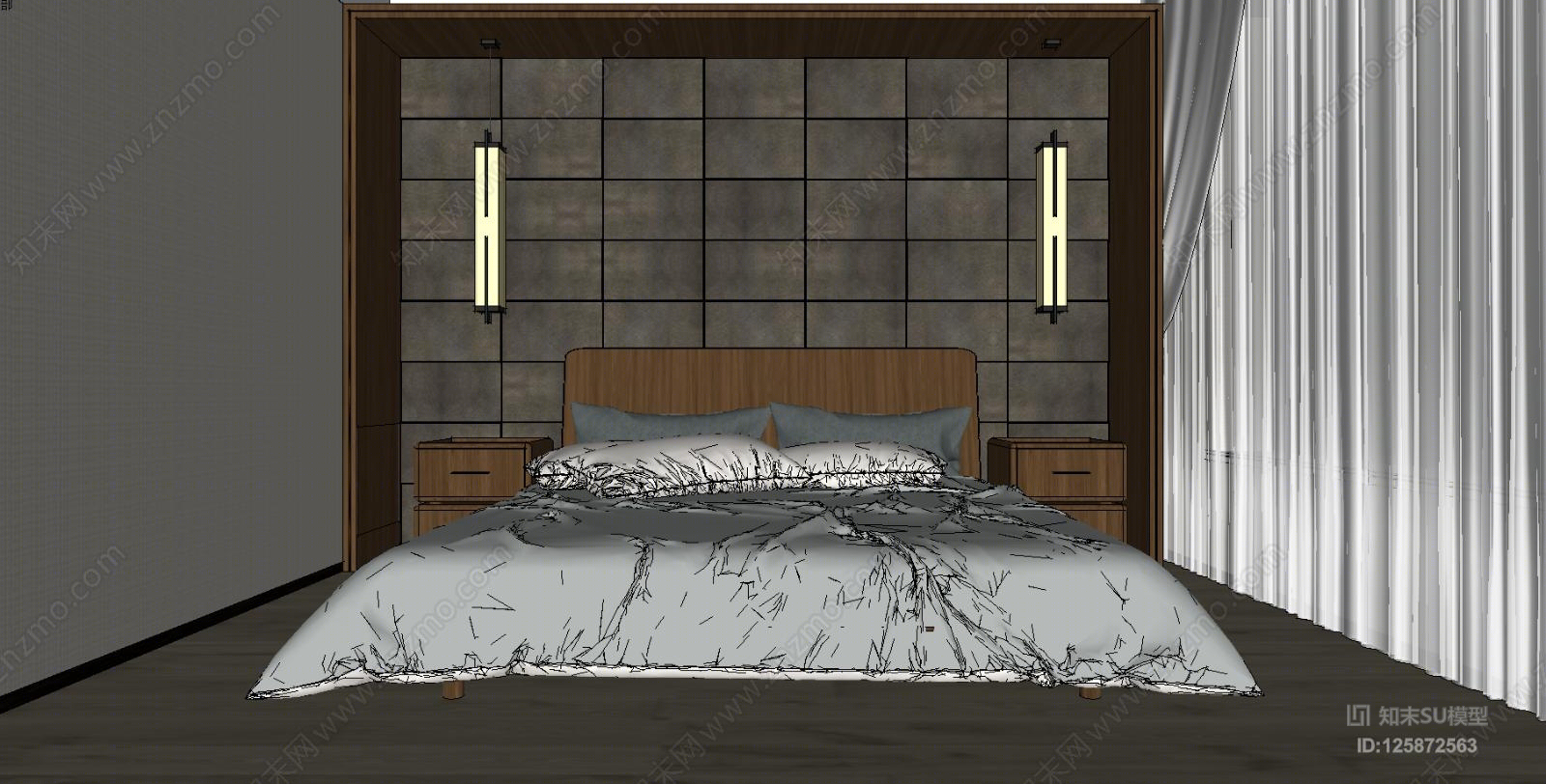 轻奢小资风样板间别墅卧室皮革背景墙，床头吊灯，暗藏保险箱金属收边条SU模型下载【ID:125872563】