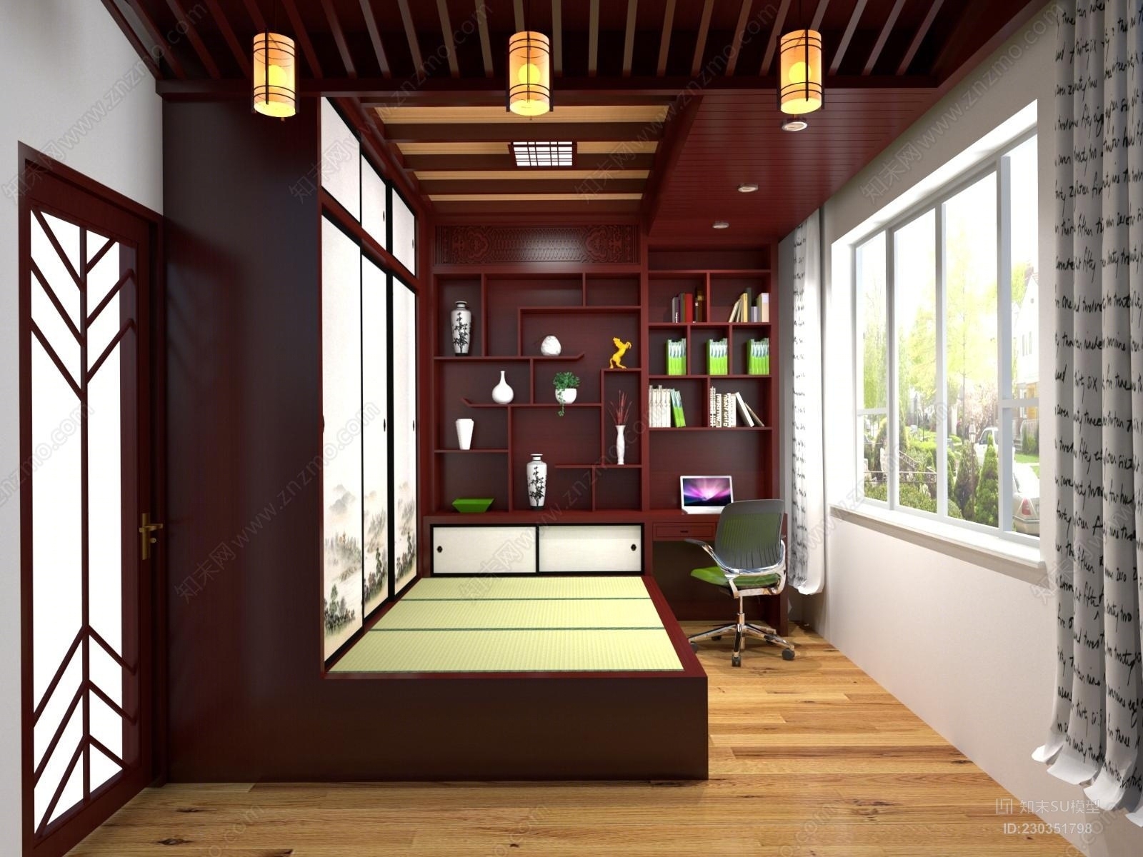 实木榻榻米卧室案例书架衣柜装饰品齐全精细全然灯光渲染参数齐全SU模型下载【ID:230351798】
