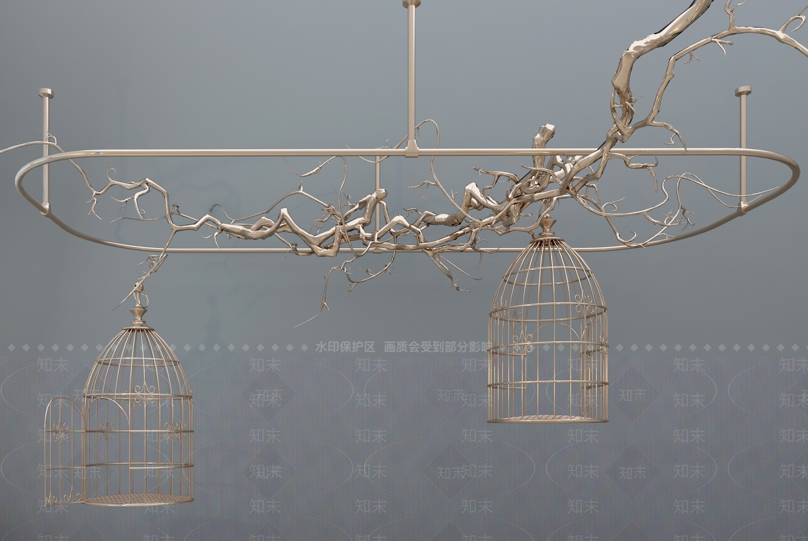 现代干枝鸟笼铁艺吊灯3D模型下载【ID:534727834】