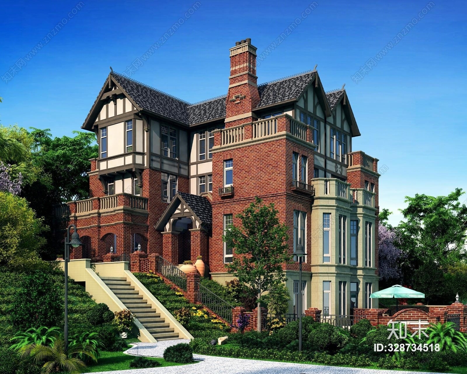 欧式古典室外高档精品高层别墅小区景观建筑3D模型下载【ID:328734518】