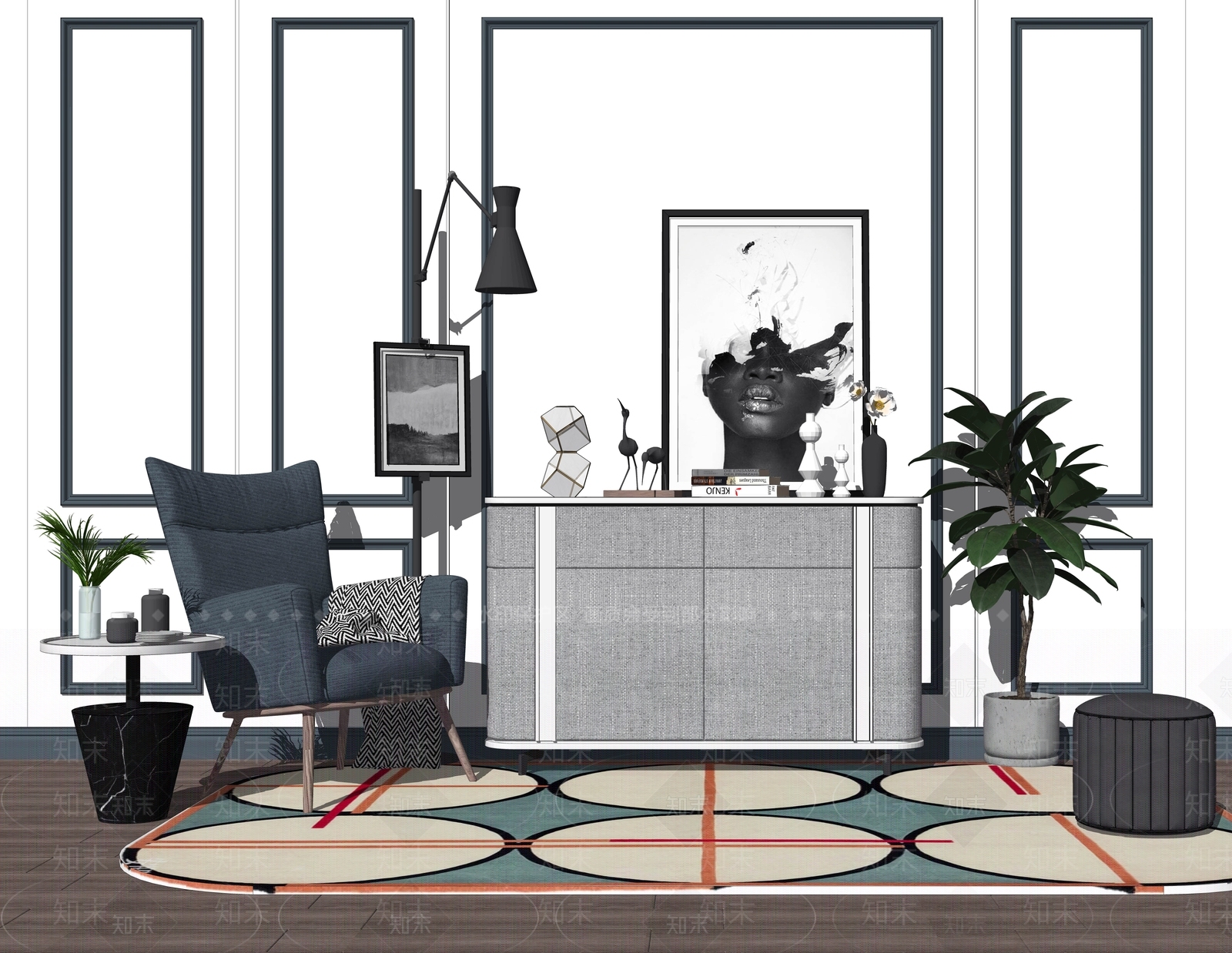 现代北欧轻奢休闲椅边柜SU模型下载【ID:333577750】