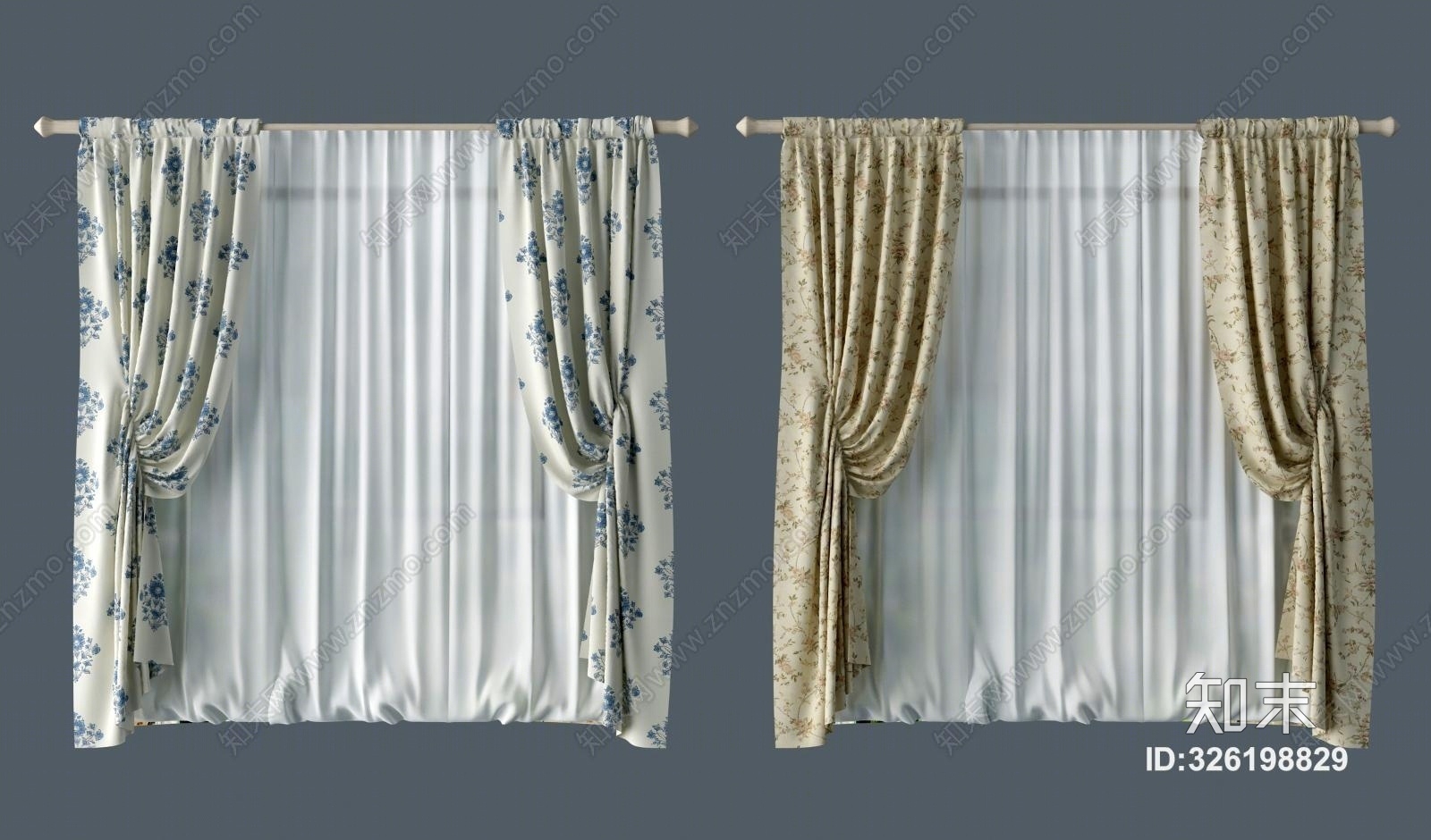 现代田园窗帘模型组合3D模型下载【ID:326198829】