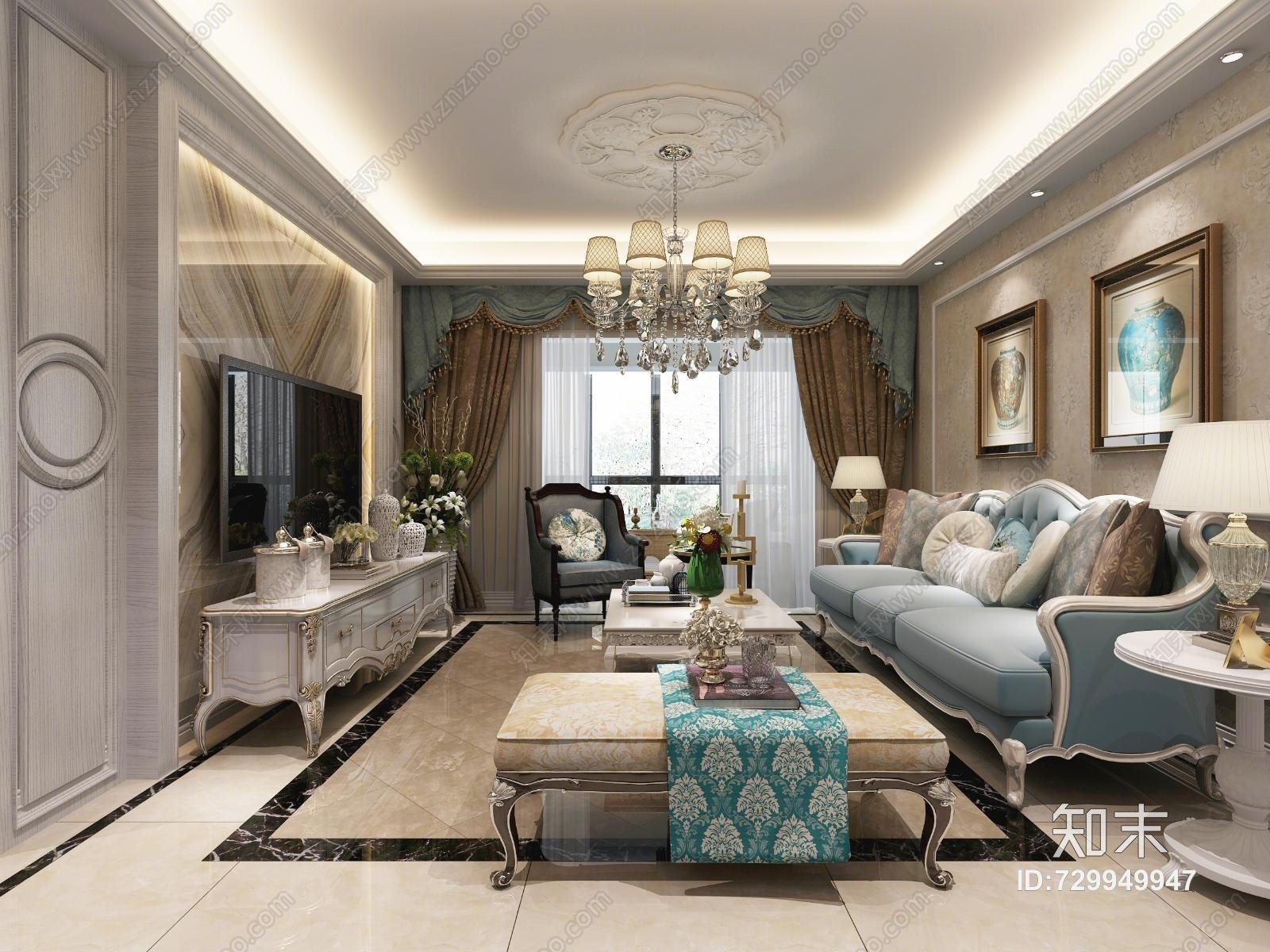 简欧欧式客餐厅效果图3D模型下载【ID:729949947】