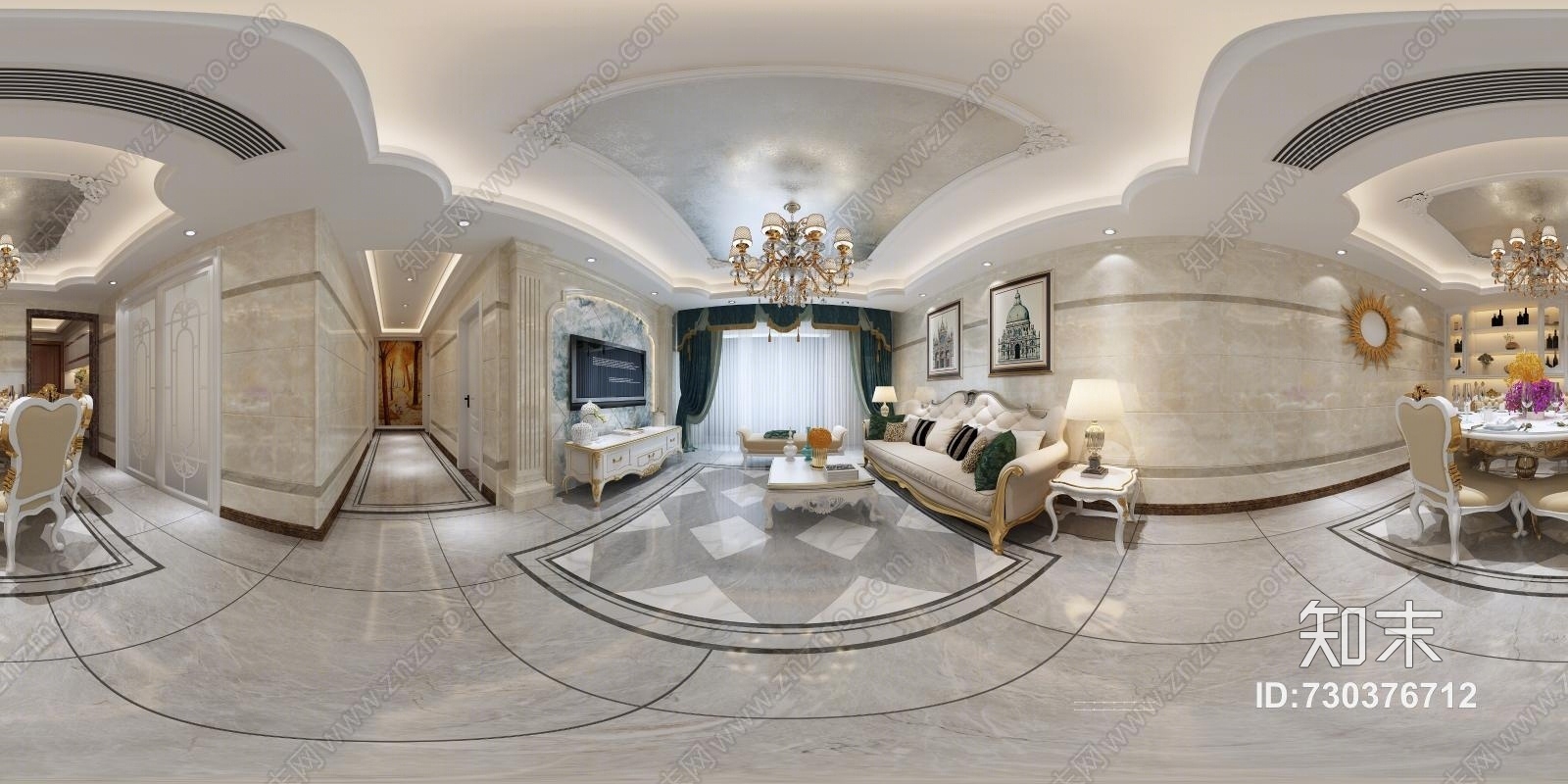 欧式古典简约欧式客餐厅全景模型3D模型下载【ID:730376712】