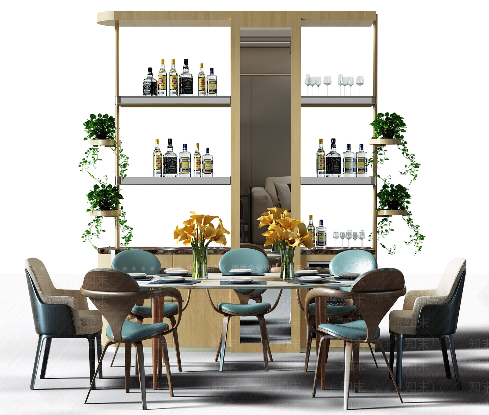 北欧现代风格餐桌椅酒柜组合3D模型下载【ID:125562896】
