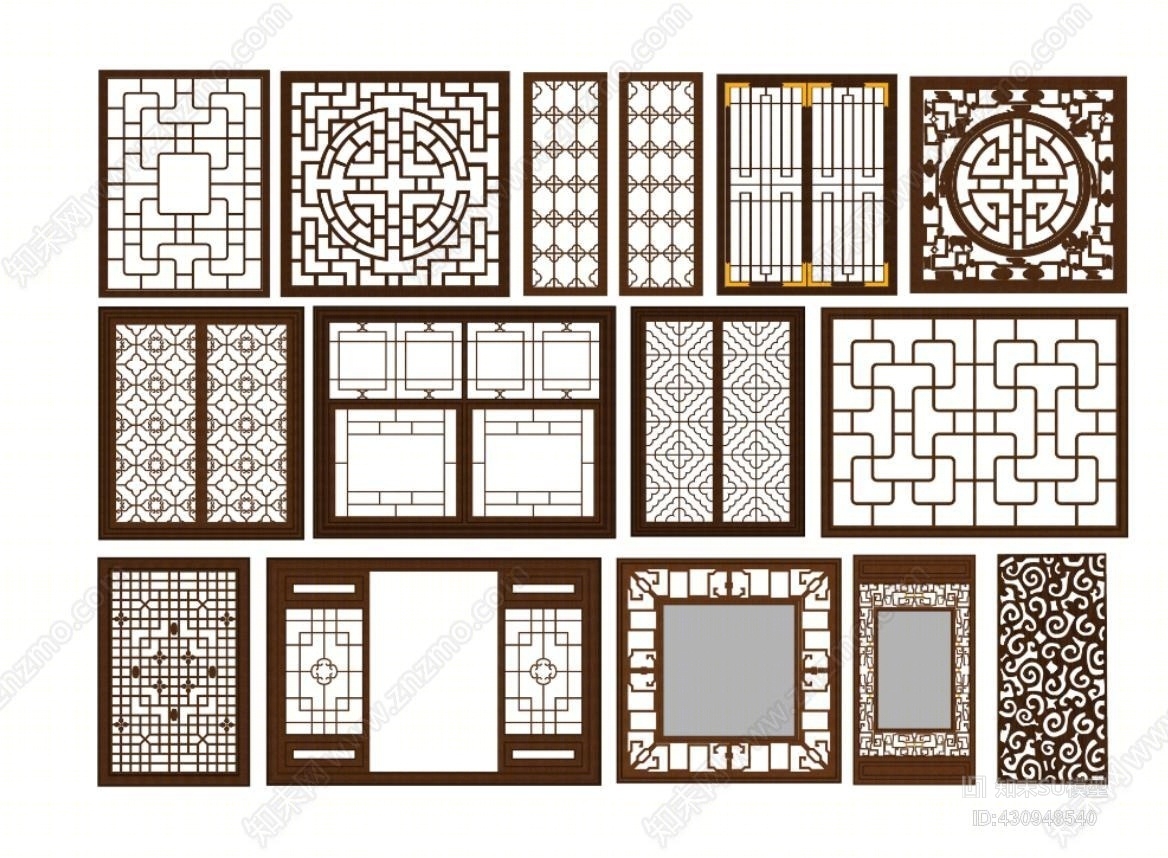 中式窗花雕花隔断SU模型下载【ID:430948540】