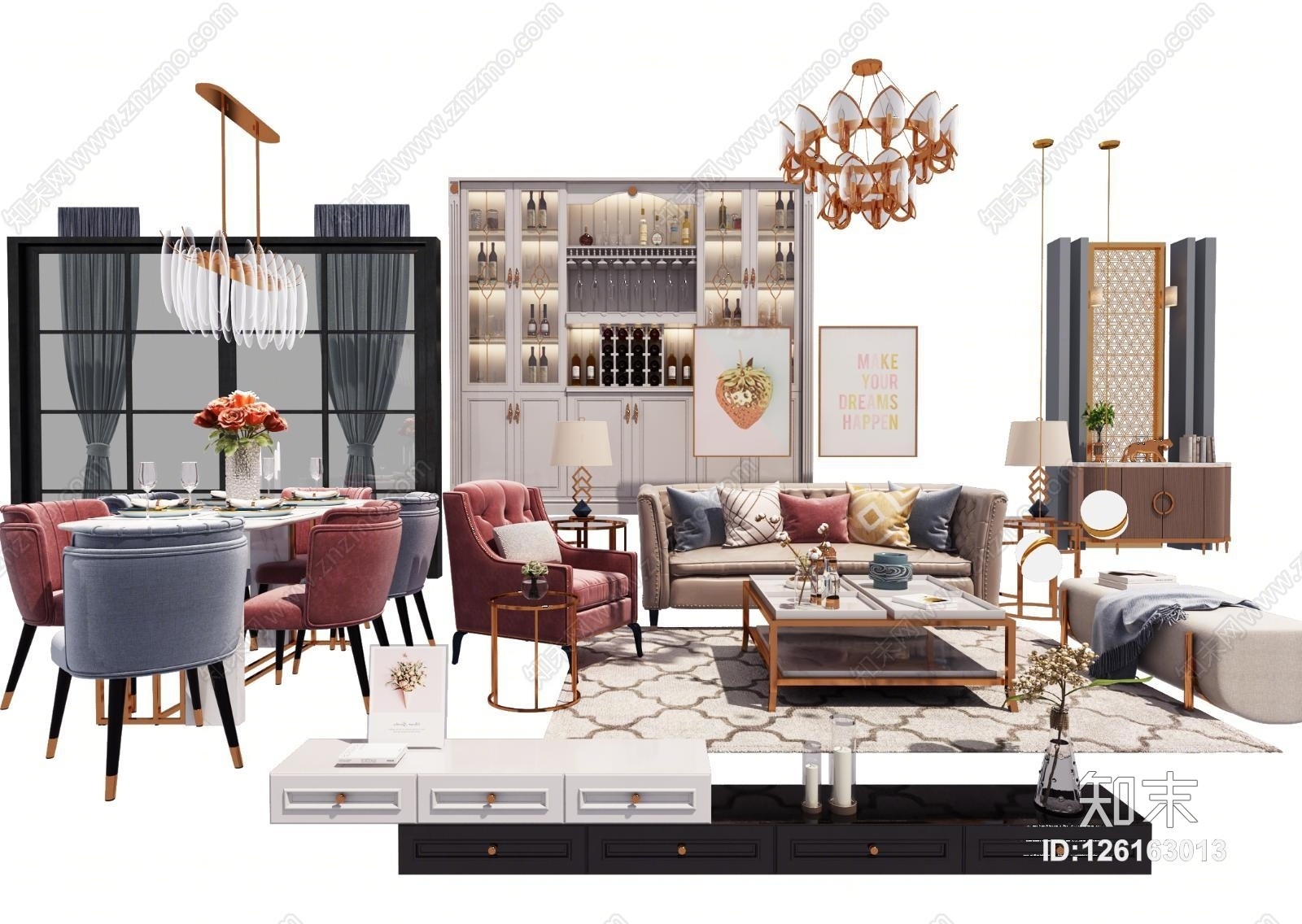 现代沙发茶几餐桌酒柜端景柜组合3D模型下载【ID:126163013】