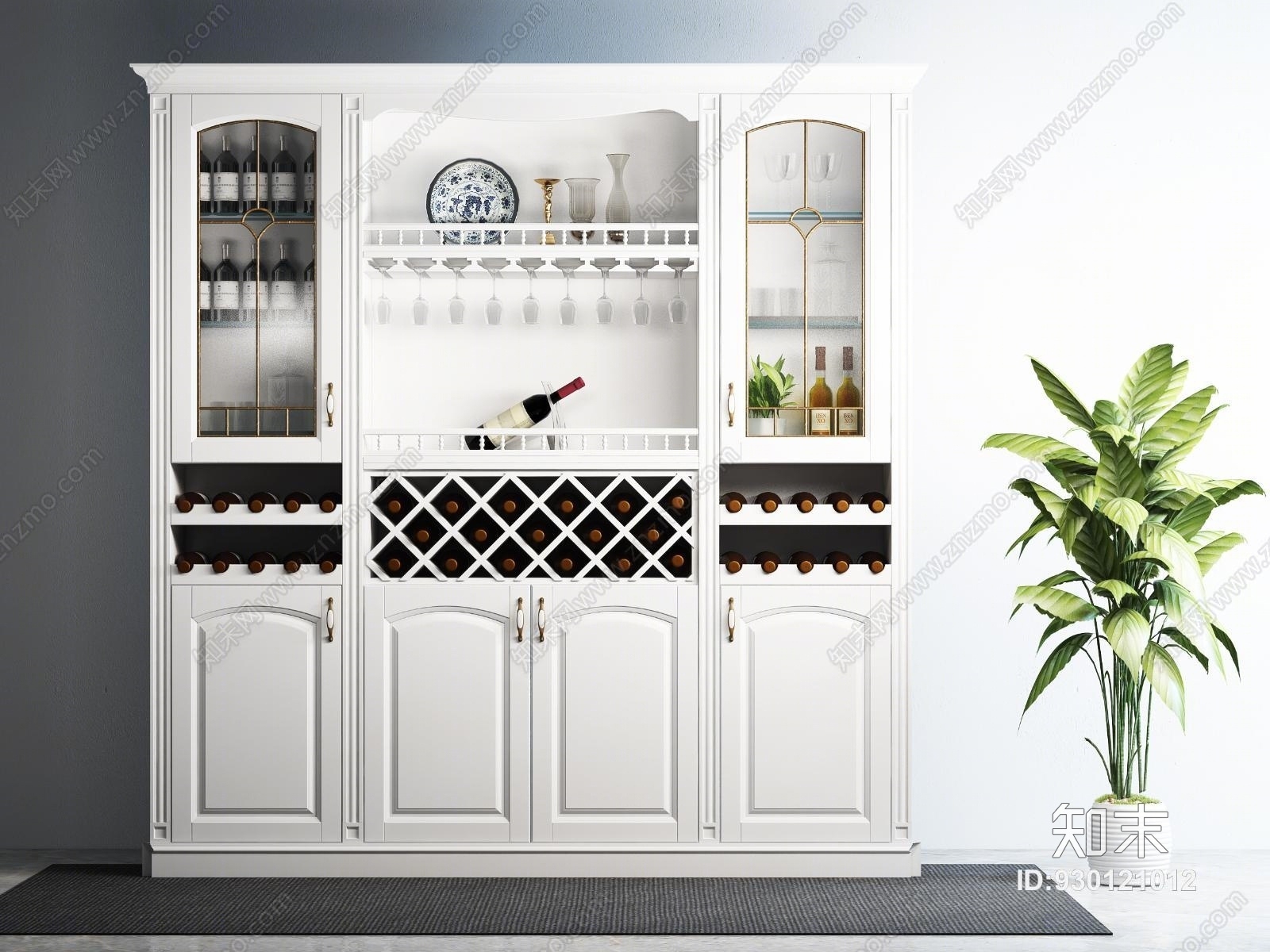 简欧式实木酒柜盆栽酒瓶酒杯酒架3D模型下载【ID:930121012】