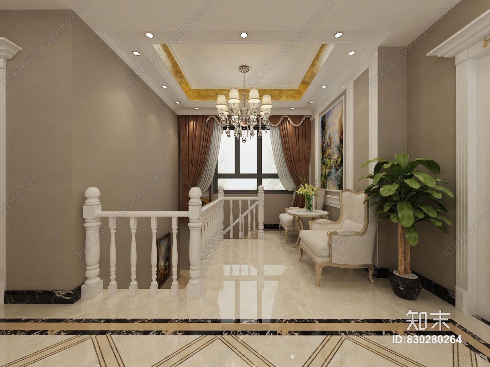 简欧欧式客厅复式楼3D模型下载【ID:830280264】