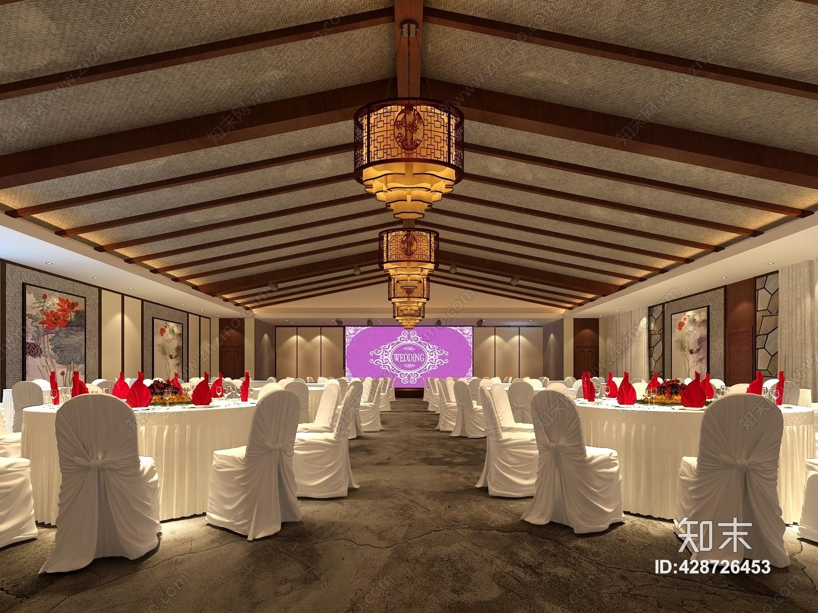 新中式酒店宴会厅3D模型下载【ID:428726453】