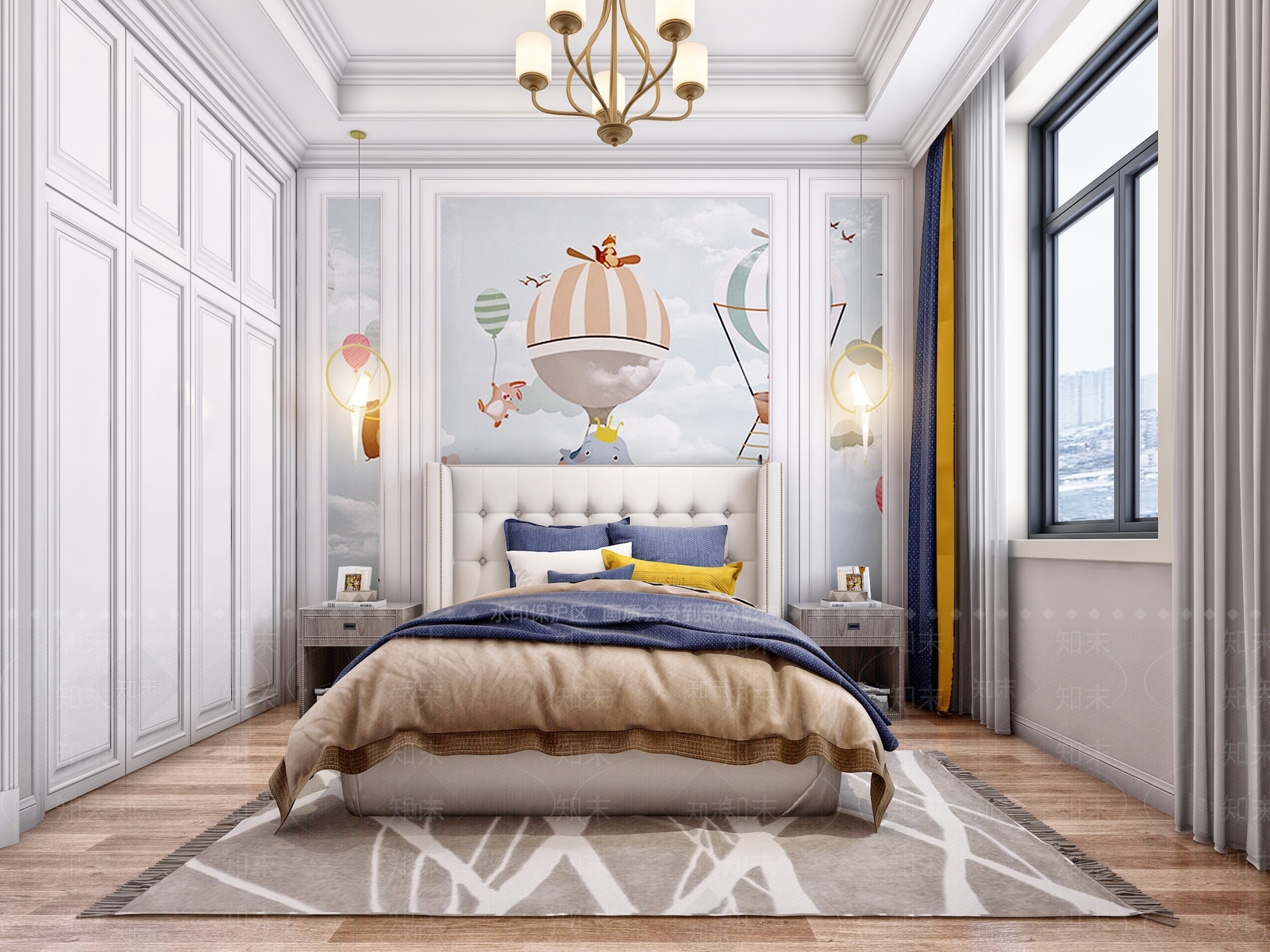 美式现代简美儿童房男孩房简欧床具吊灯3D模型下载【ID:432207551】