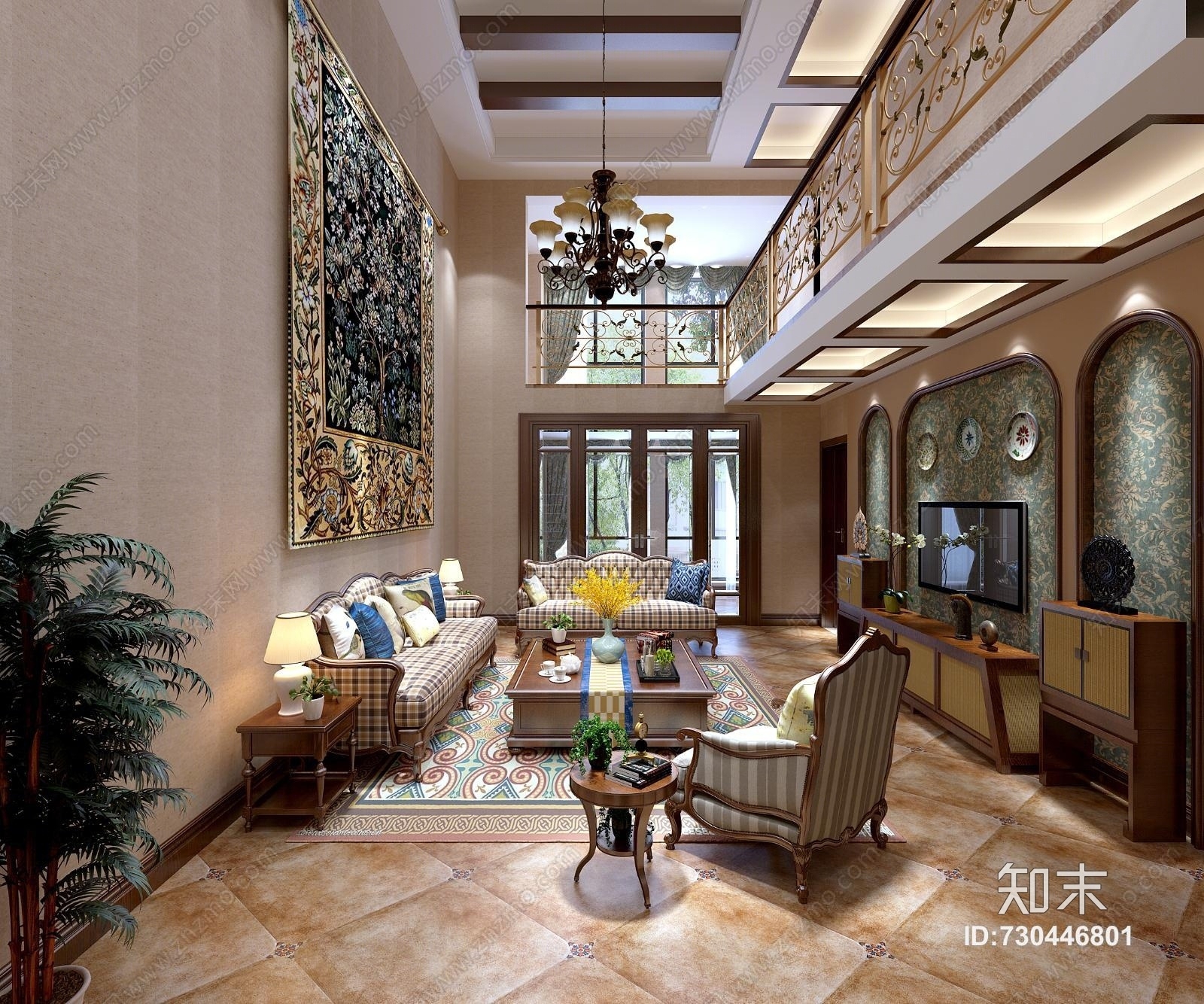 美式田园客厅3D模型下载【ID:730446801】