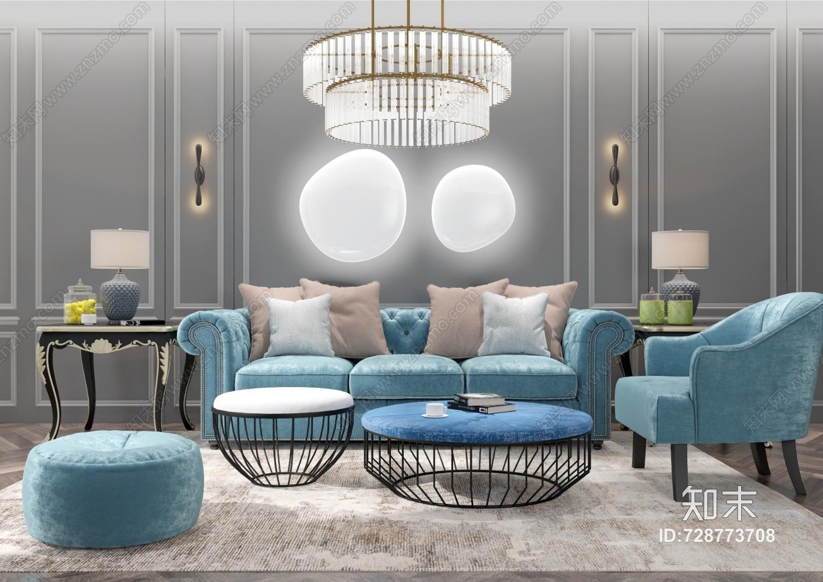 新古典美式客厅沙发组合3D模型下载【ID:728773708】