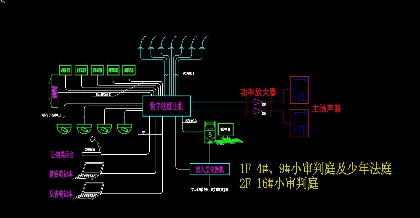 法院多媒体会议、庭审系统CAD弱电图cad施工图下载【ID:731608746】