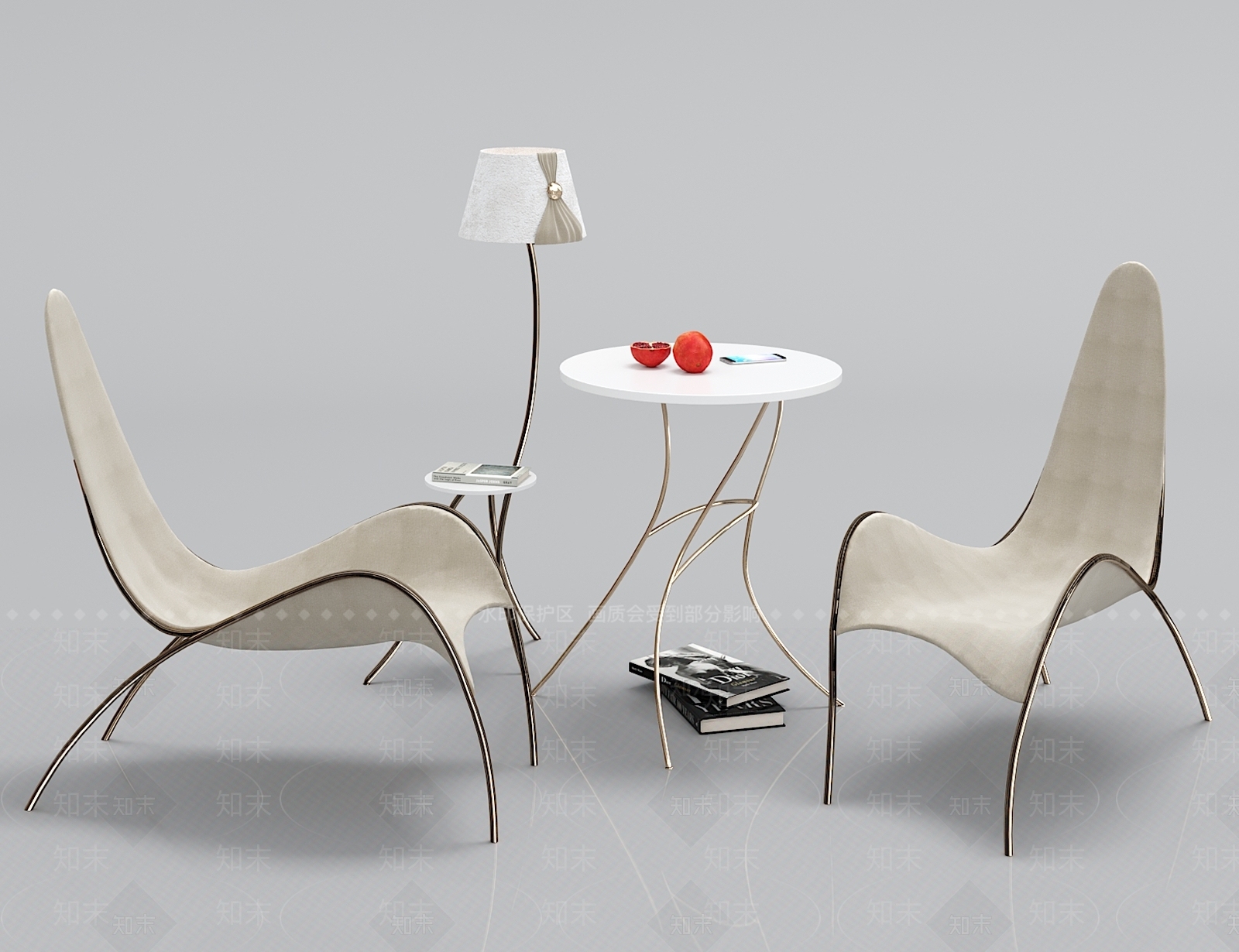 现代布艺休闲椅子桌子落地灯摆件组合3D模型下载【ID:334856643】