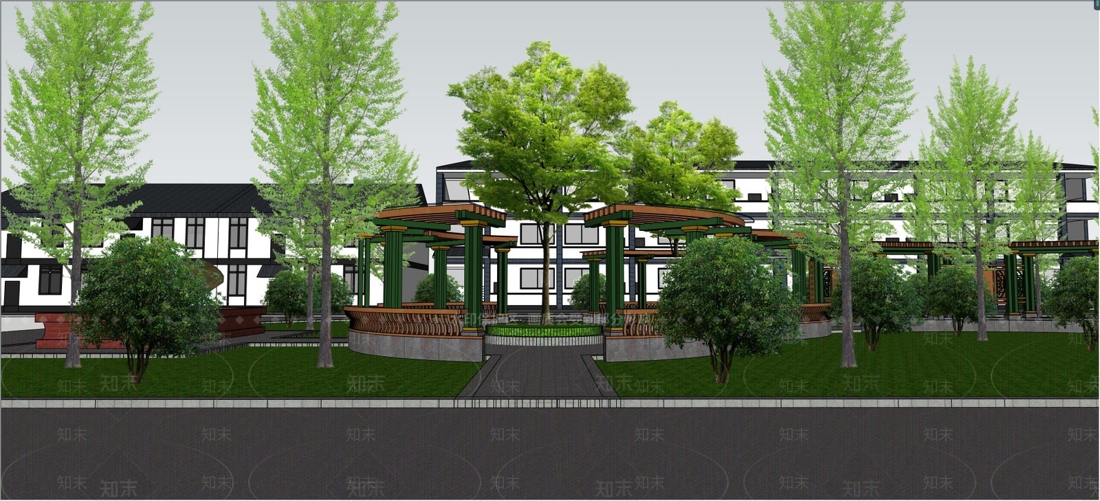 传统文化中式园林廊架景观石头景观图书馆SU模型下载【ID:832979215】