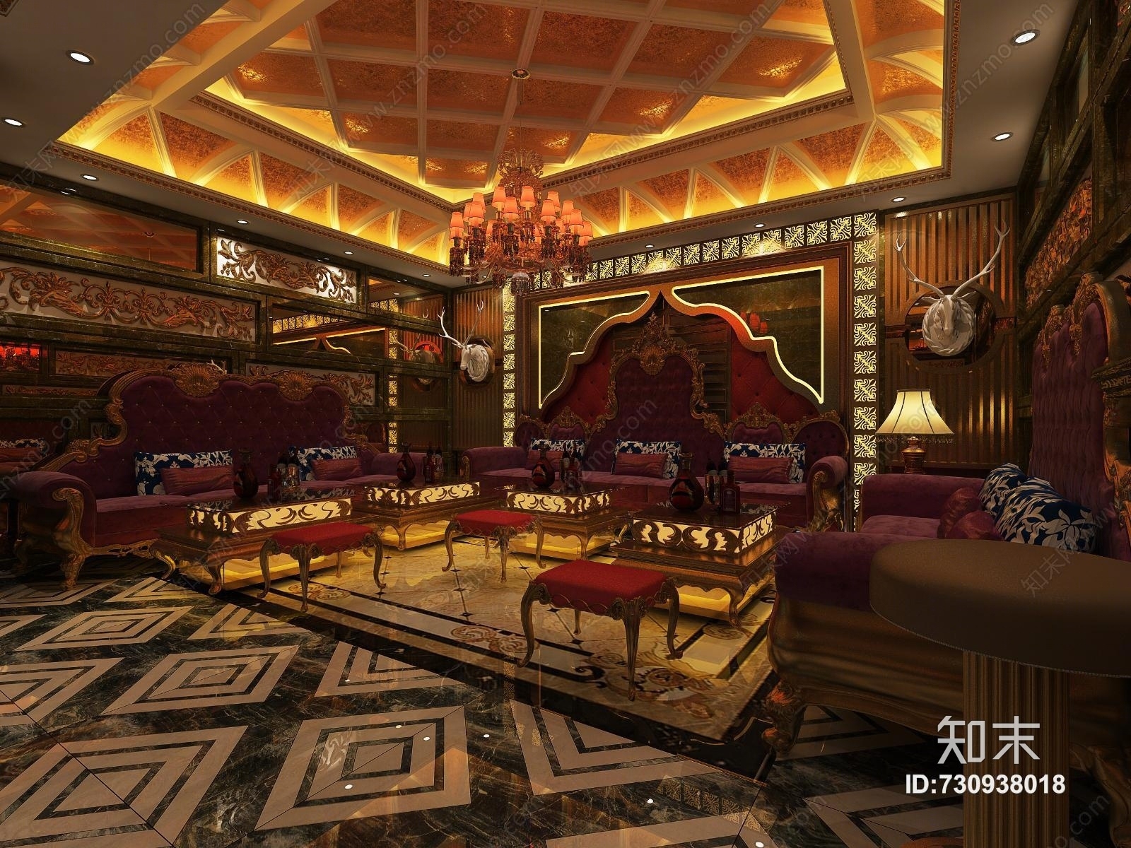 欧式古典欧式ktv包厢沙发吊灯3D模型下载【ID:730938018】