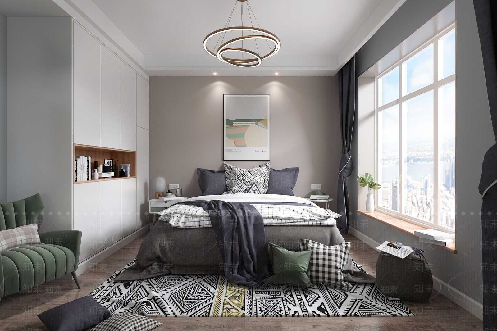 北欧卧室床具灯具莫兰迪衣柜挂画沙发3D模型下载【ID:435009370】
