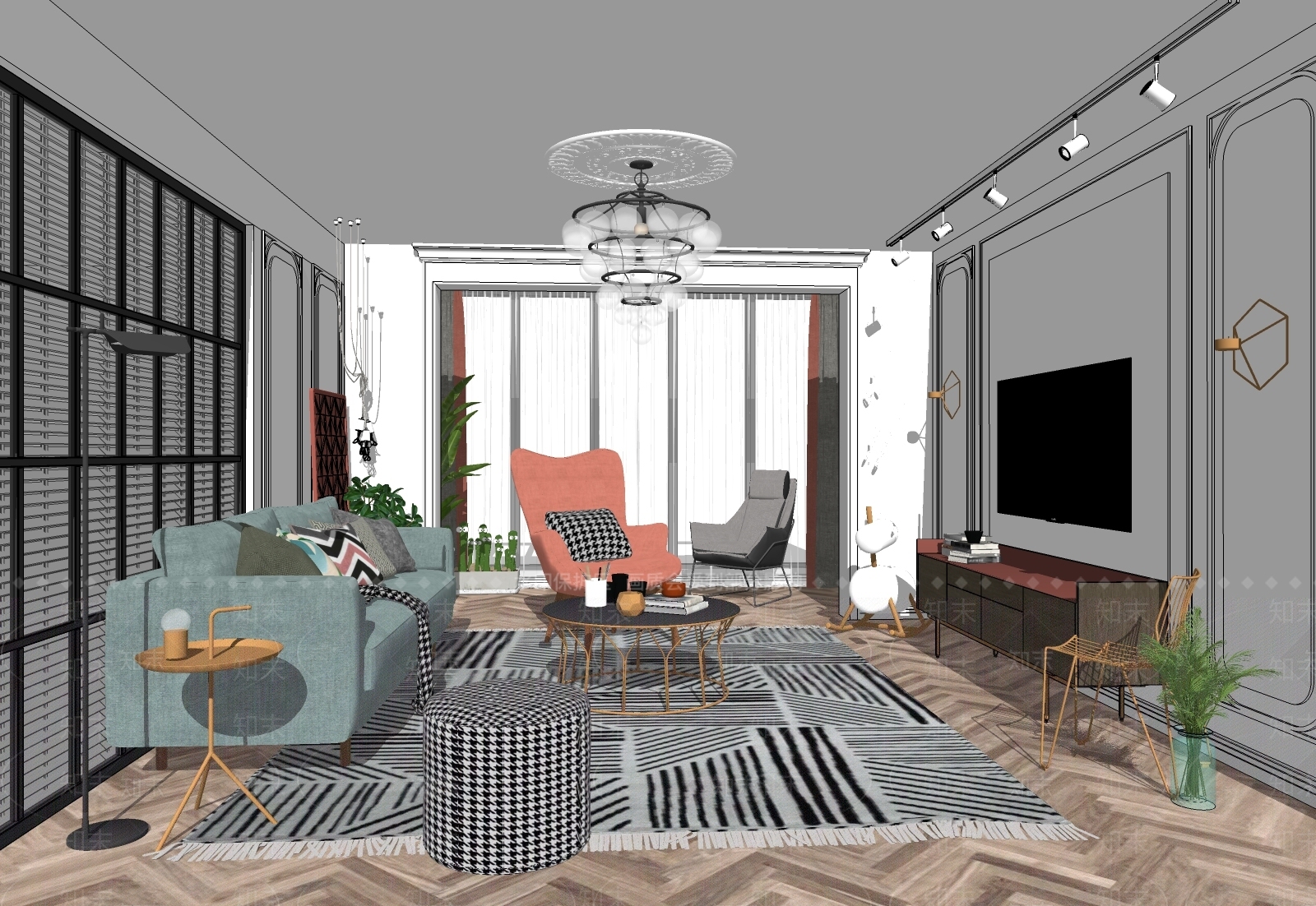 北欧客厅沙发茶几电视柜室外SU模型下载【ID:932911874】