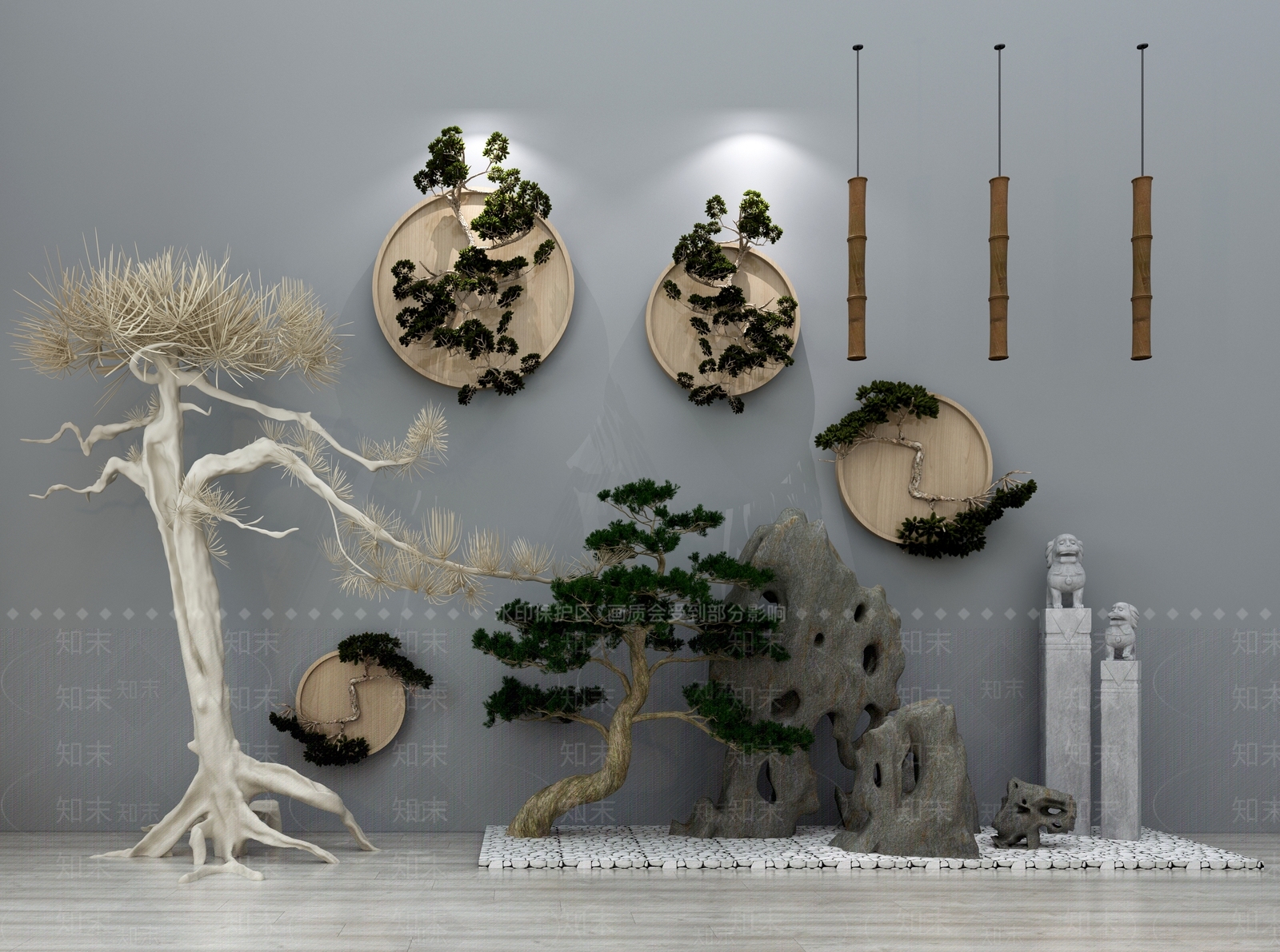 新中式吊灯假山墙饰干树枝3D模型下载【ID:835078490】