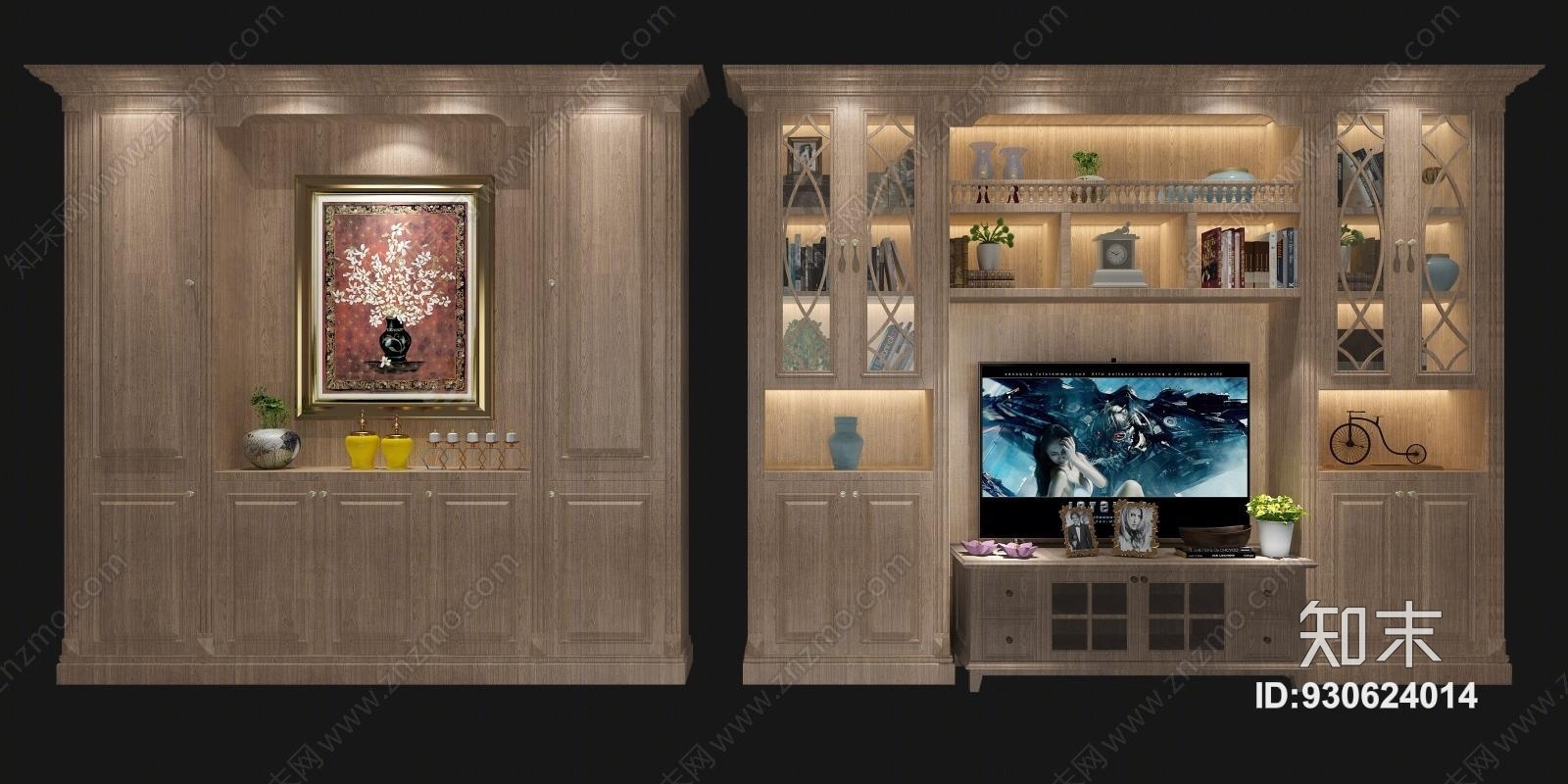 美式酒柜书柜电视柜组合3D模型下载【ID:930624014】