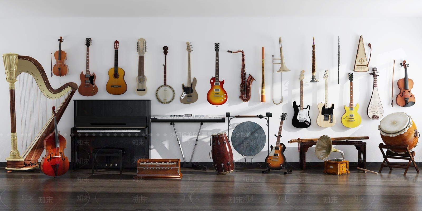 现代乐器钢琴电子琴小提琴古筝吉他组合3D模型下载【ID:134956002】