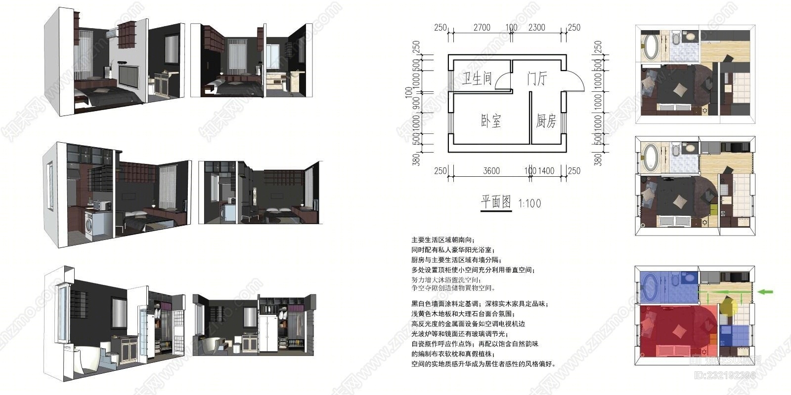 客厅卧室厨卫书房小户型改造一体化公寓loft单身现代简约家具送分析平面活页簿SU模型下载【ID:232192398】