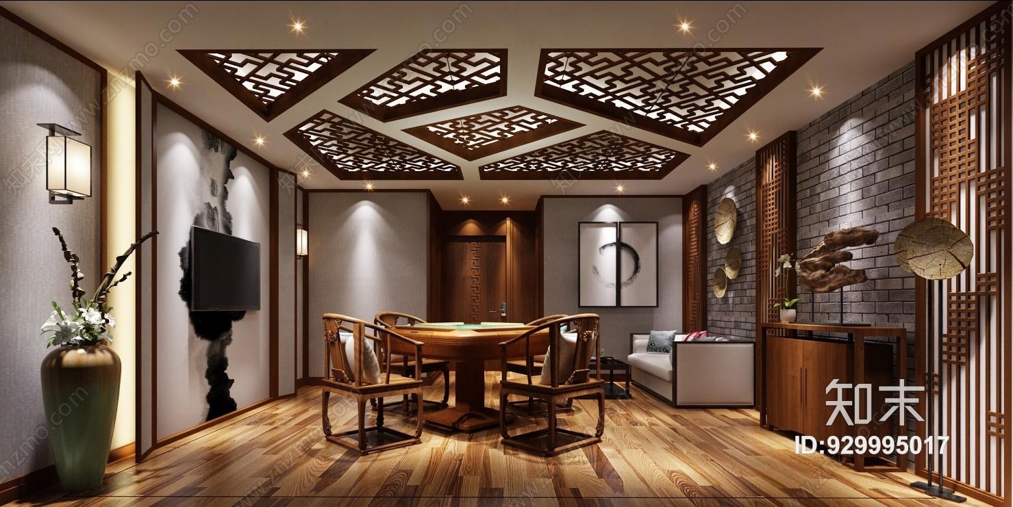 新中式麻将室玄关3D模型下载【ID:929995017】