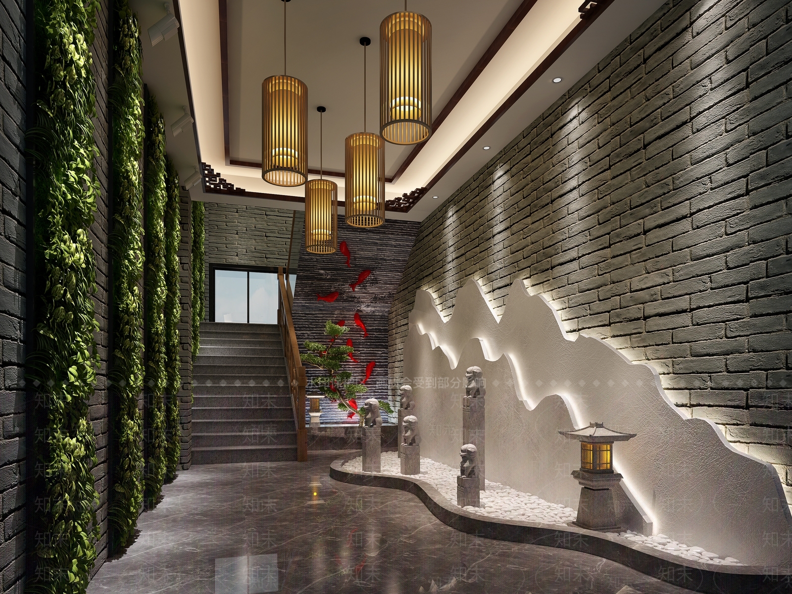 中式吊灯假山绿植墙水景台楼梯景观台3D模型下载【ID:333028454】