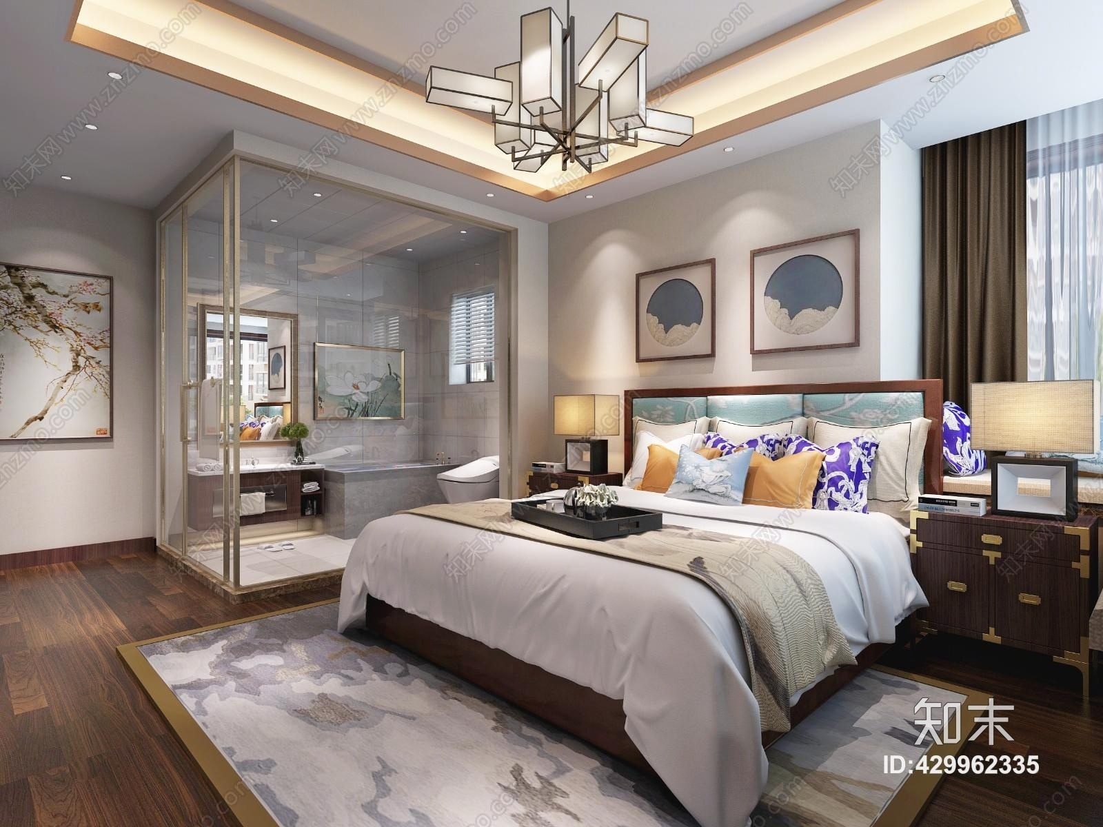 新中式客厅卫生间效果图3D模型下载【ID:429962335】