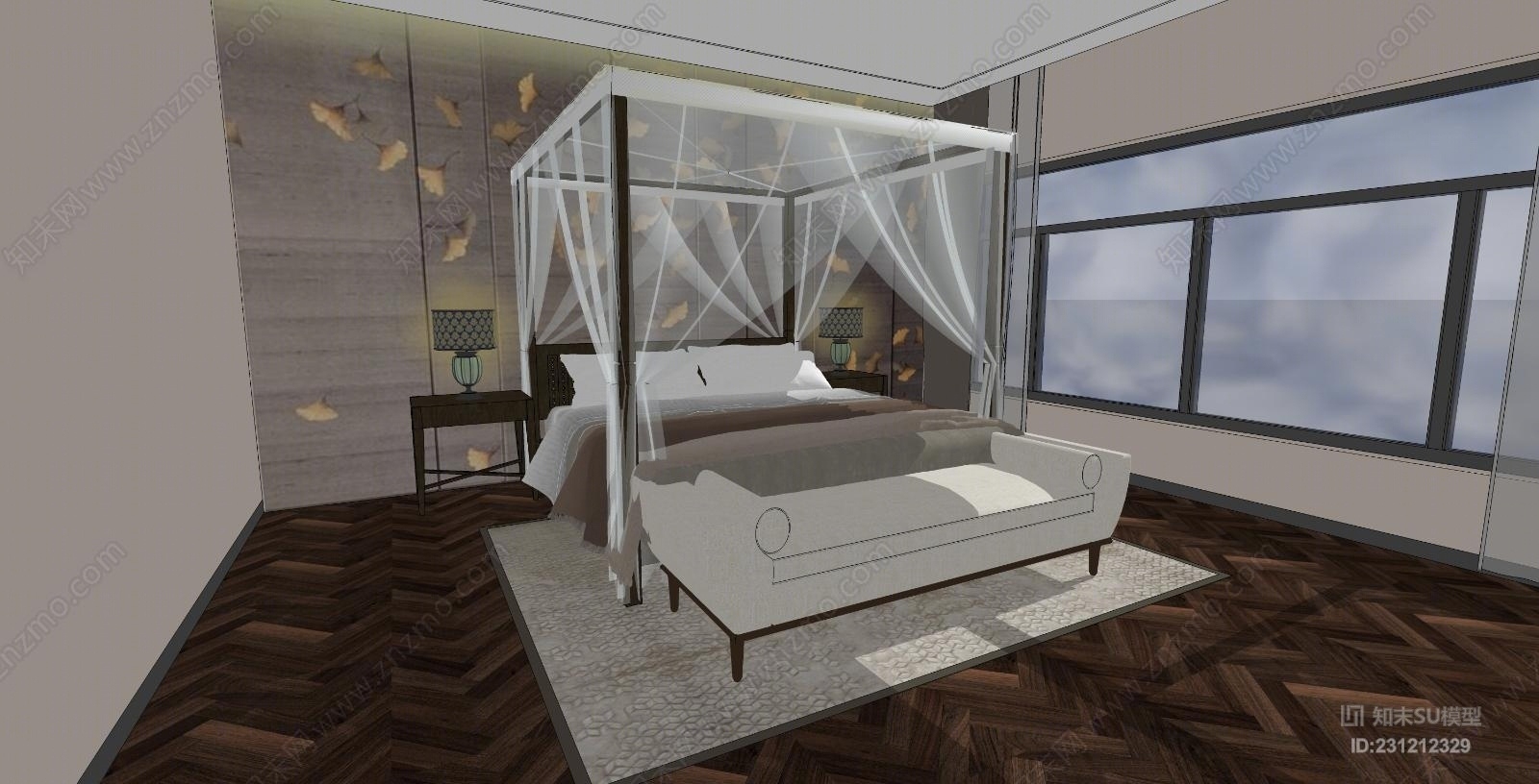 别墅卧室空间唯美纱幔床卧室SU模型下载【ID:231212329】