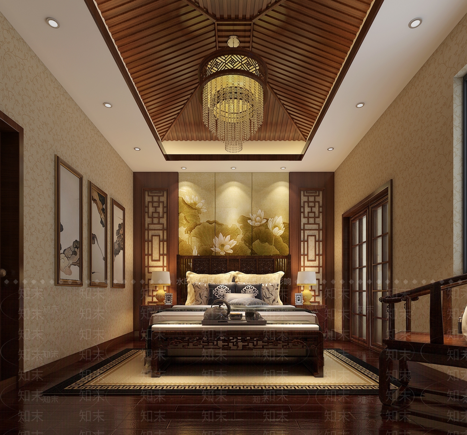 中式卧室床吊灯地毯装饰画3D模型下载【ID:432509383】