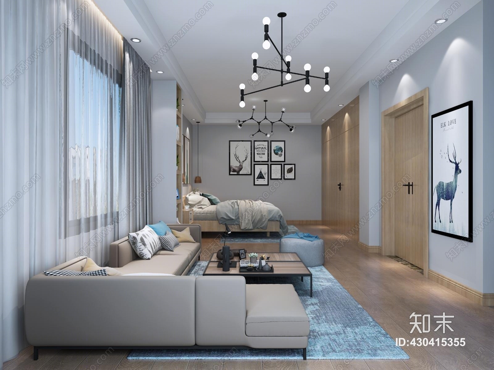 北欧现代北欧卧室床灯具沙发3D模型下载【ID:430415355】