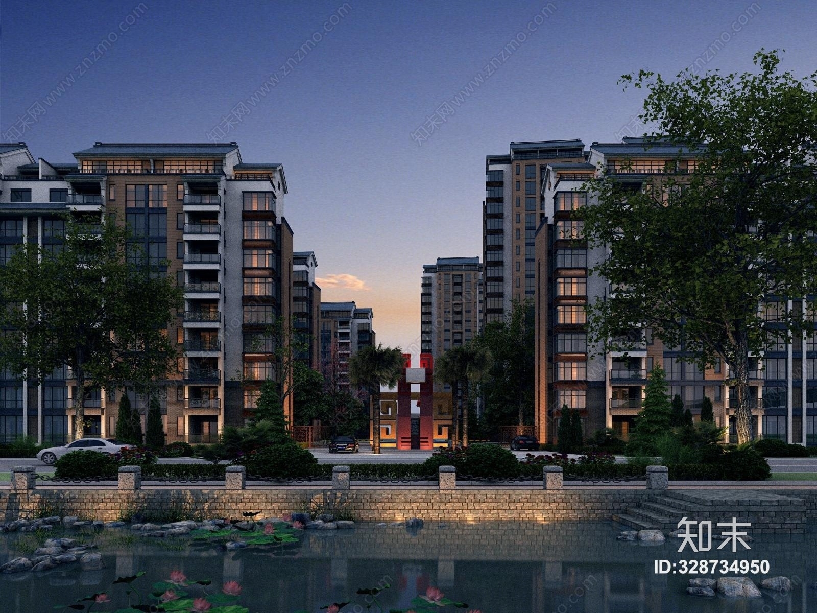 中式室外高档精品中式高层住宅小区景观建筑3d模型下载【id:328734950