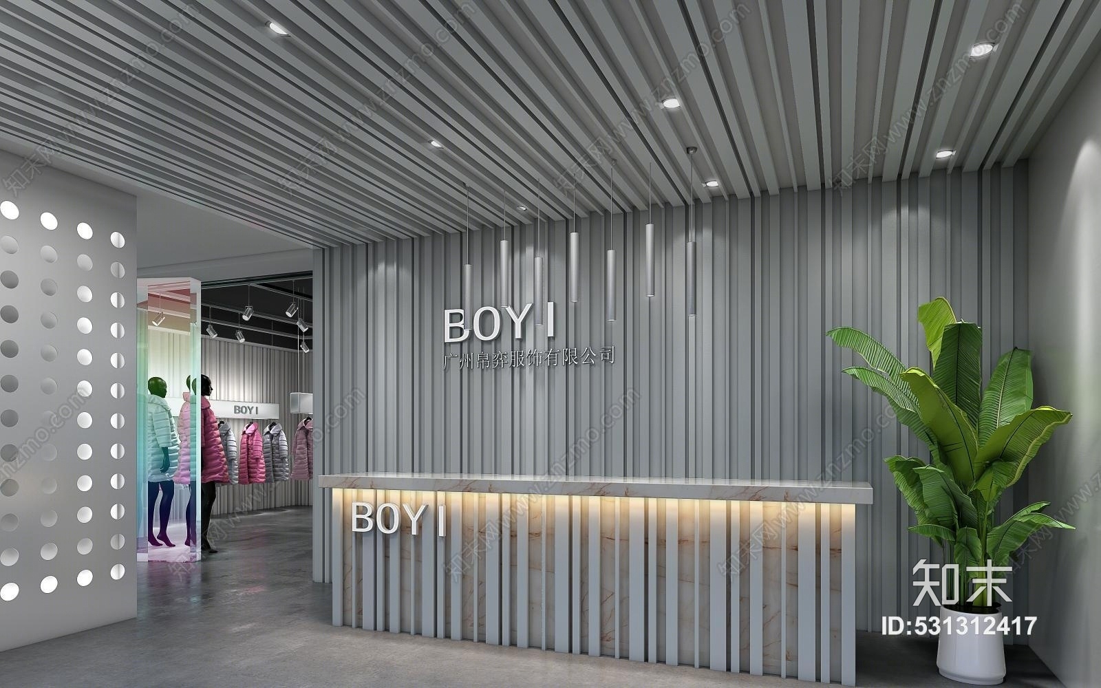 现代服装店前台,服装店,羽绒服,芭蕉树盆栽3D模型下载【ID:531312417】
