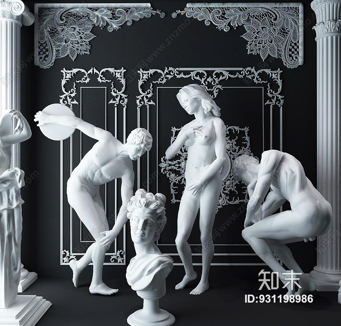 简欧雕塑雕花罗马柱雕像3D模型下载【ID:931198986】