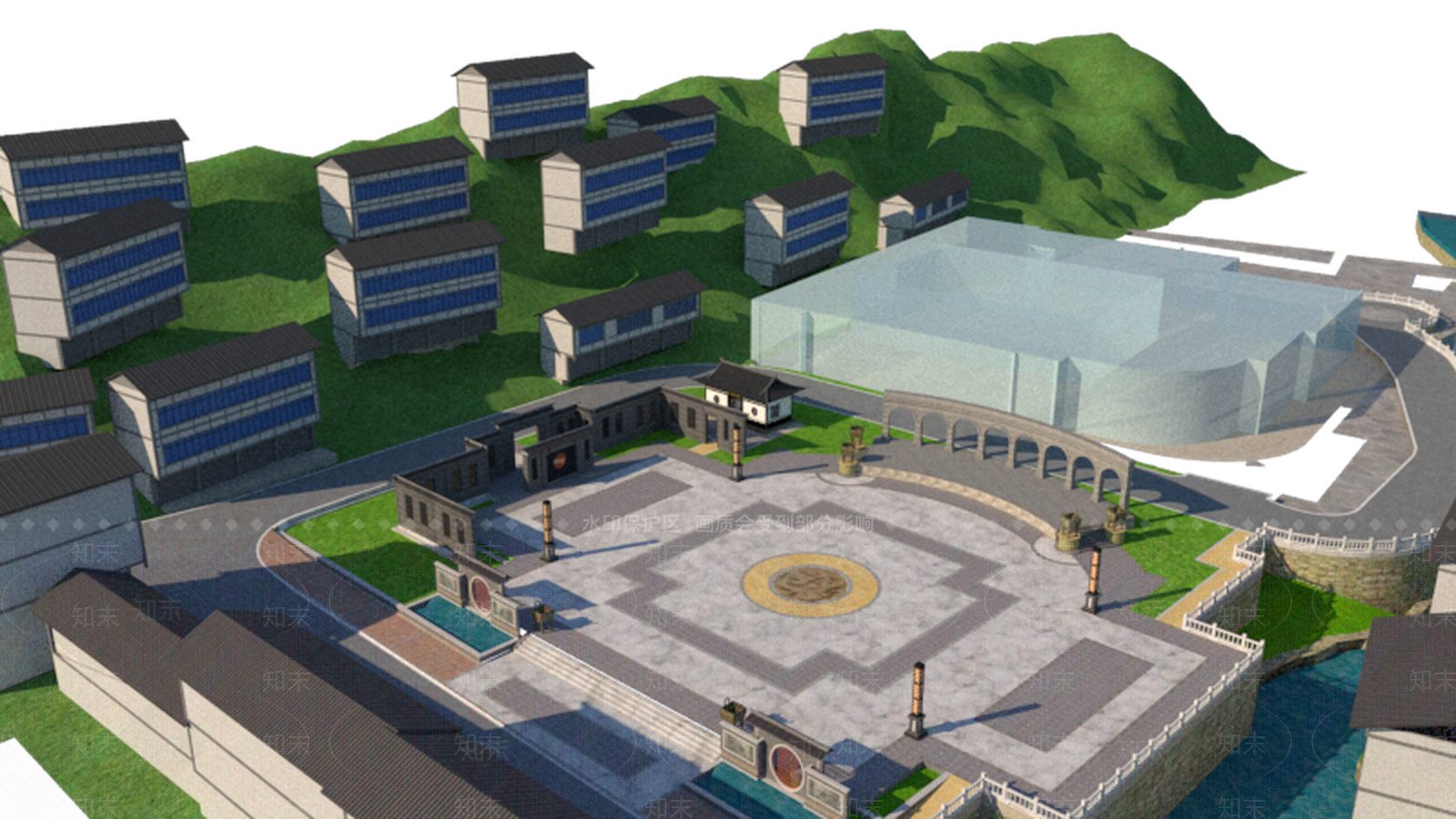 广场设计及周边建筑SU模型下载【ID:333380727】