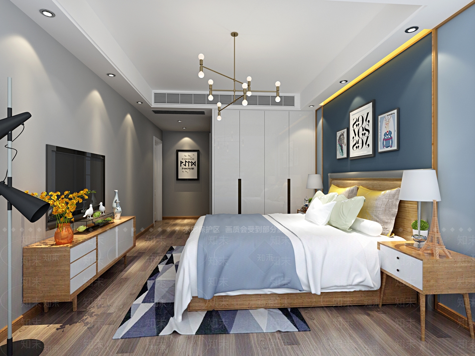 北欧卧室床吊灯衣柜电视柜3D模型下载【ID:432246319】