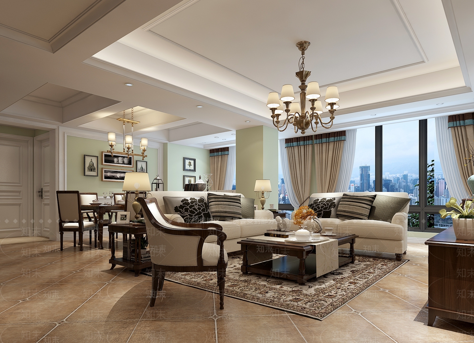 美式现代美式客厅沙发茶几电视柜吊灯台灯地毯装饰画3D模型下载【ID:732969789】