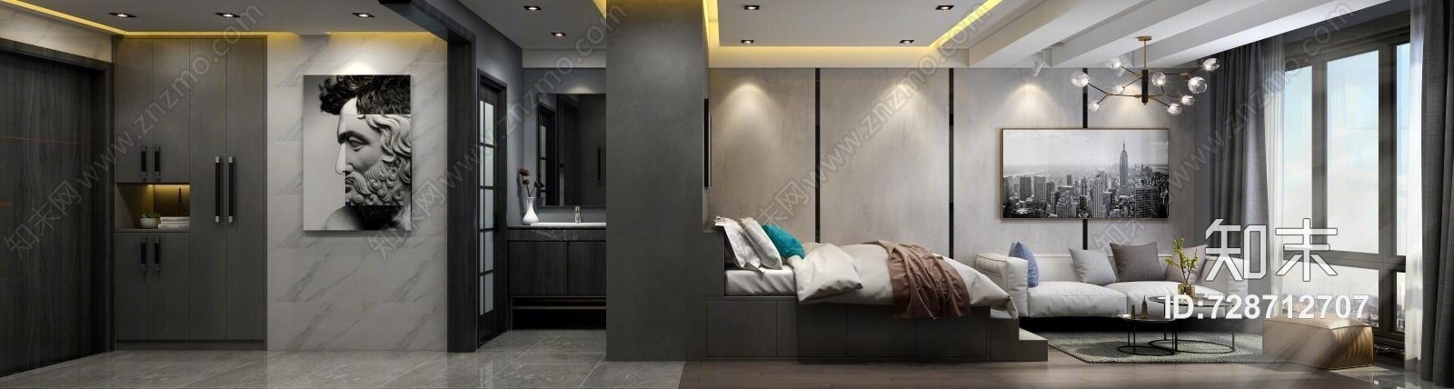 现代客厅沙发窗帘卫生间床灯挂画3D模型下载【ID:728712707】